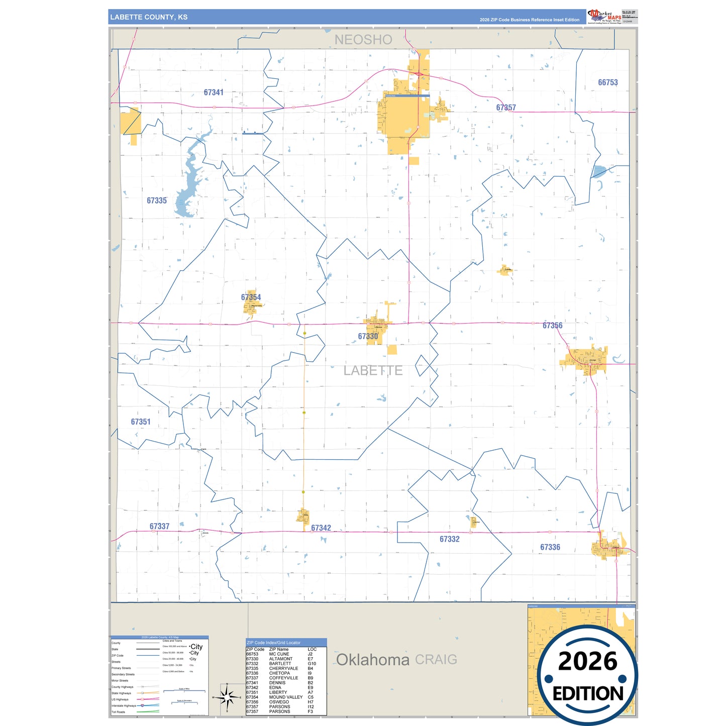 Labette County, KS Business Reference 5 Digit ZIP Code Wall Map