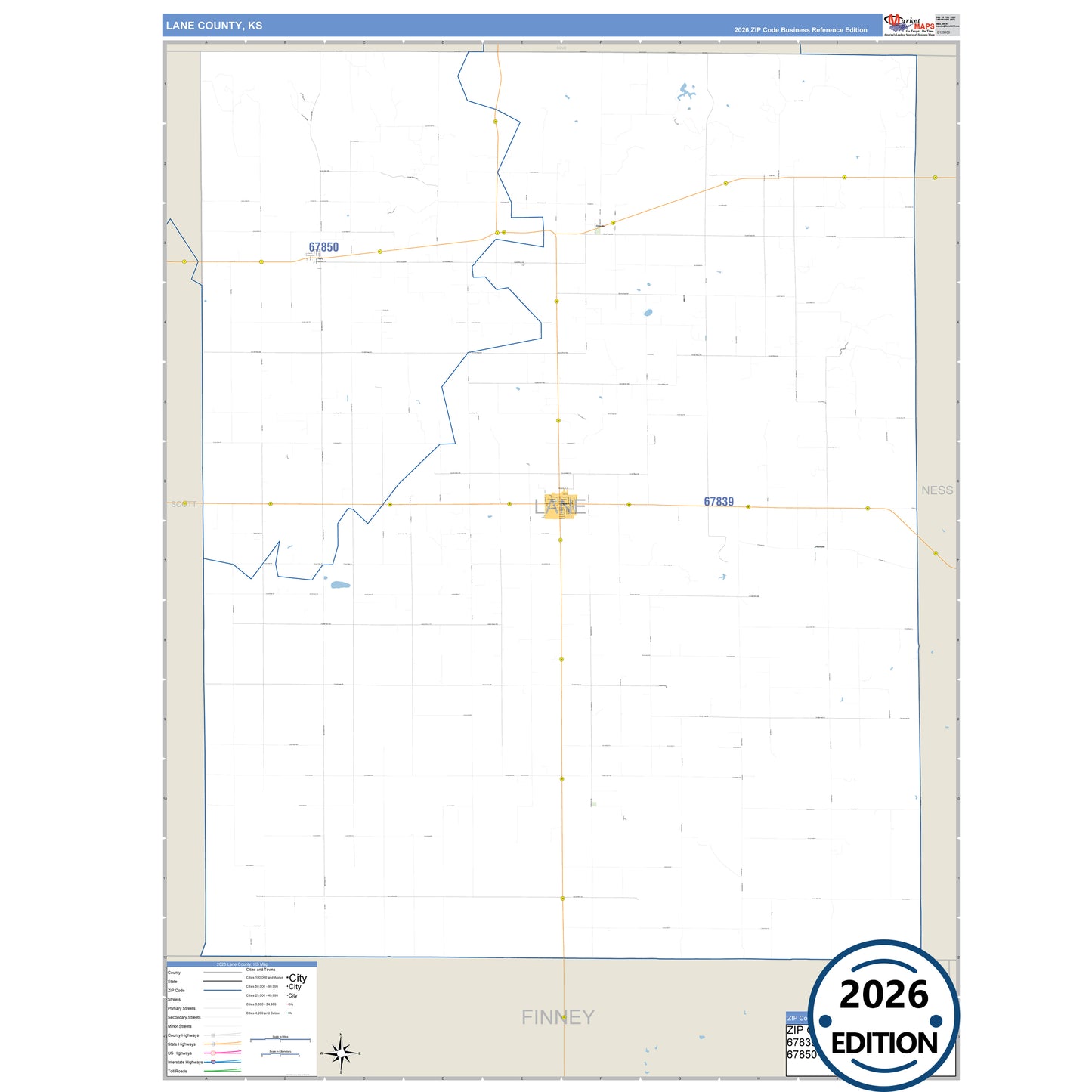 Lane County, KS Business Reference 5 Digit ZIP Code Wall Map