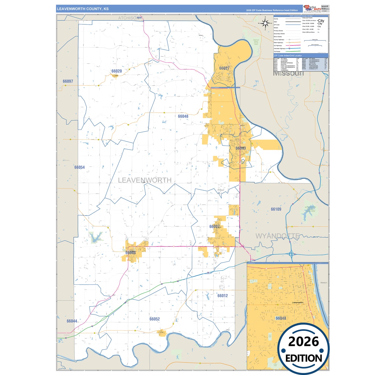 Leavenworth County, KS Business Reference 5 Digit ZIP Code Wall Map