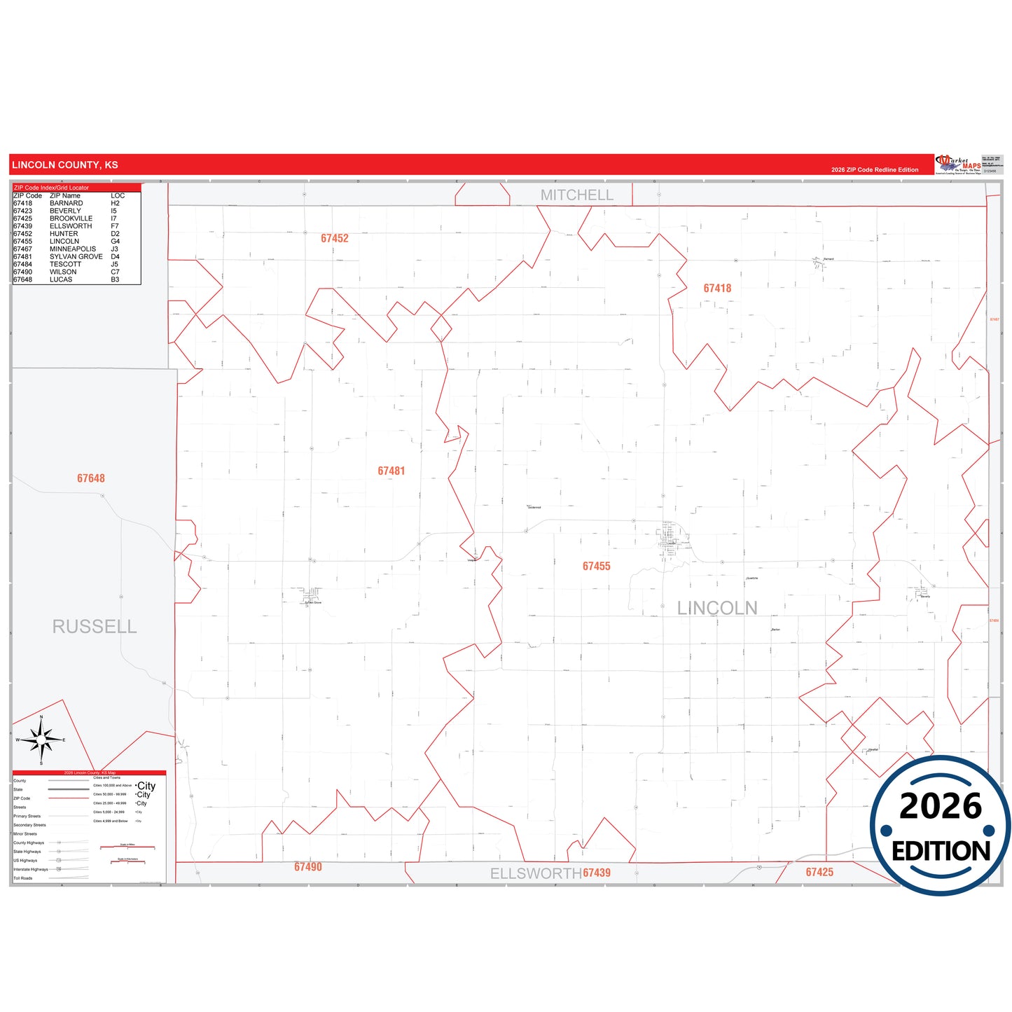 Lincoln County, KS Red Line 5 Digit ZIP Code Wall Map