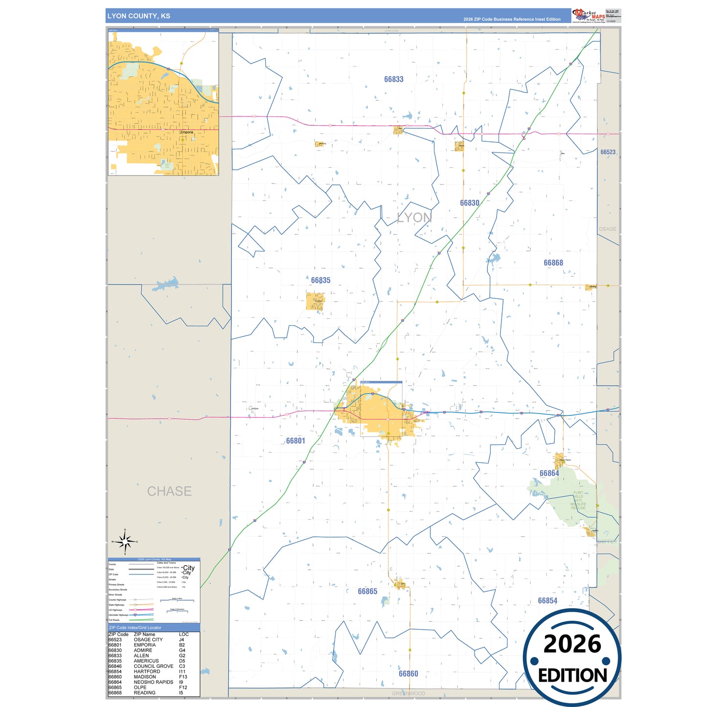 Lyon County, KS Business Reference 5 Digit ZIP Code Wall Map