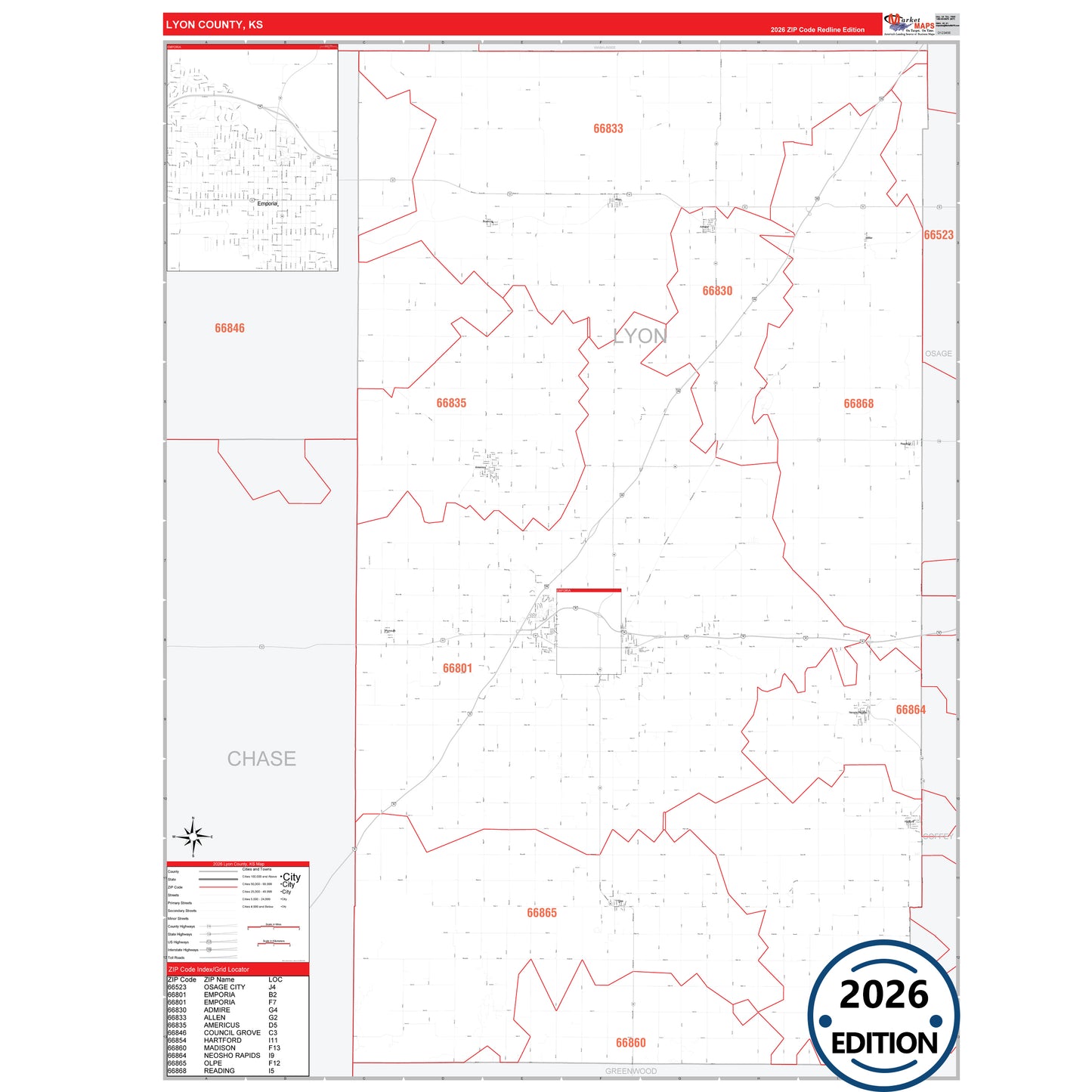 Lyon County, KS Red Line 5 Digit ZIP Code Wall Map