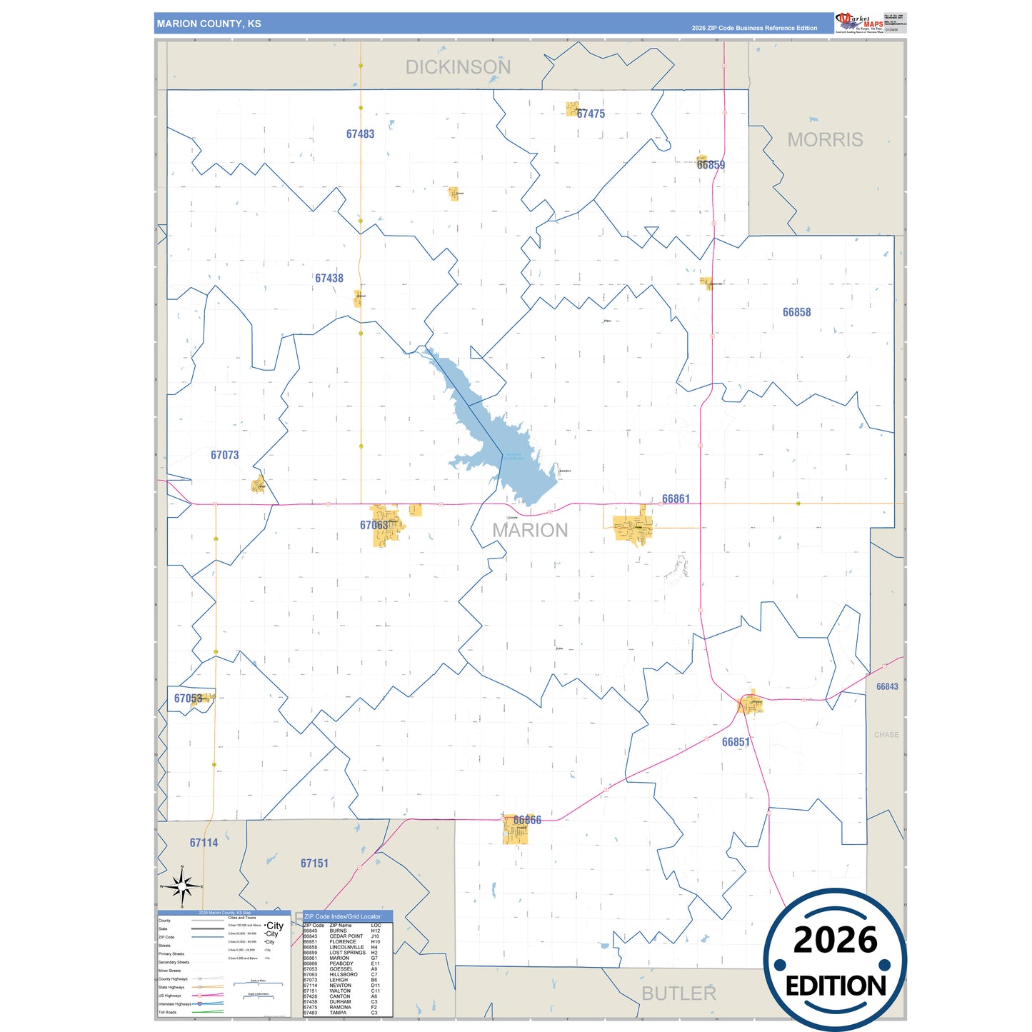 Marion County, KS Business Reference 5 Digit ZIP Code Wall Map
