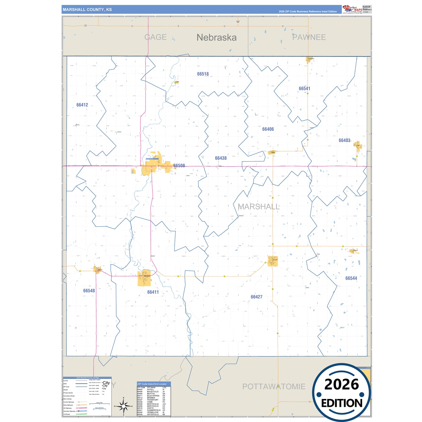 Marshall County, KS Business Reference 5 Digit ZIP Code Wall Map