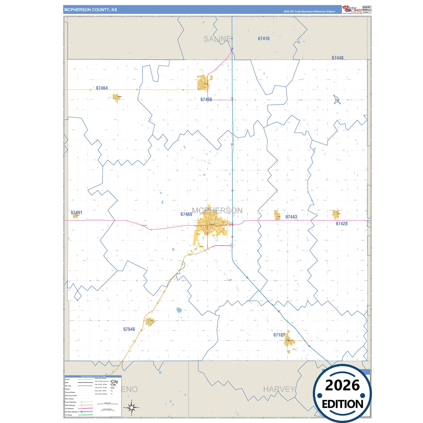 McPherson County, KS Business Reference 5 Digit ZIP Code Wall Map