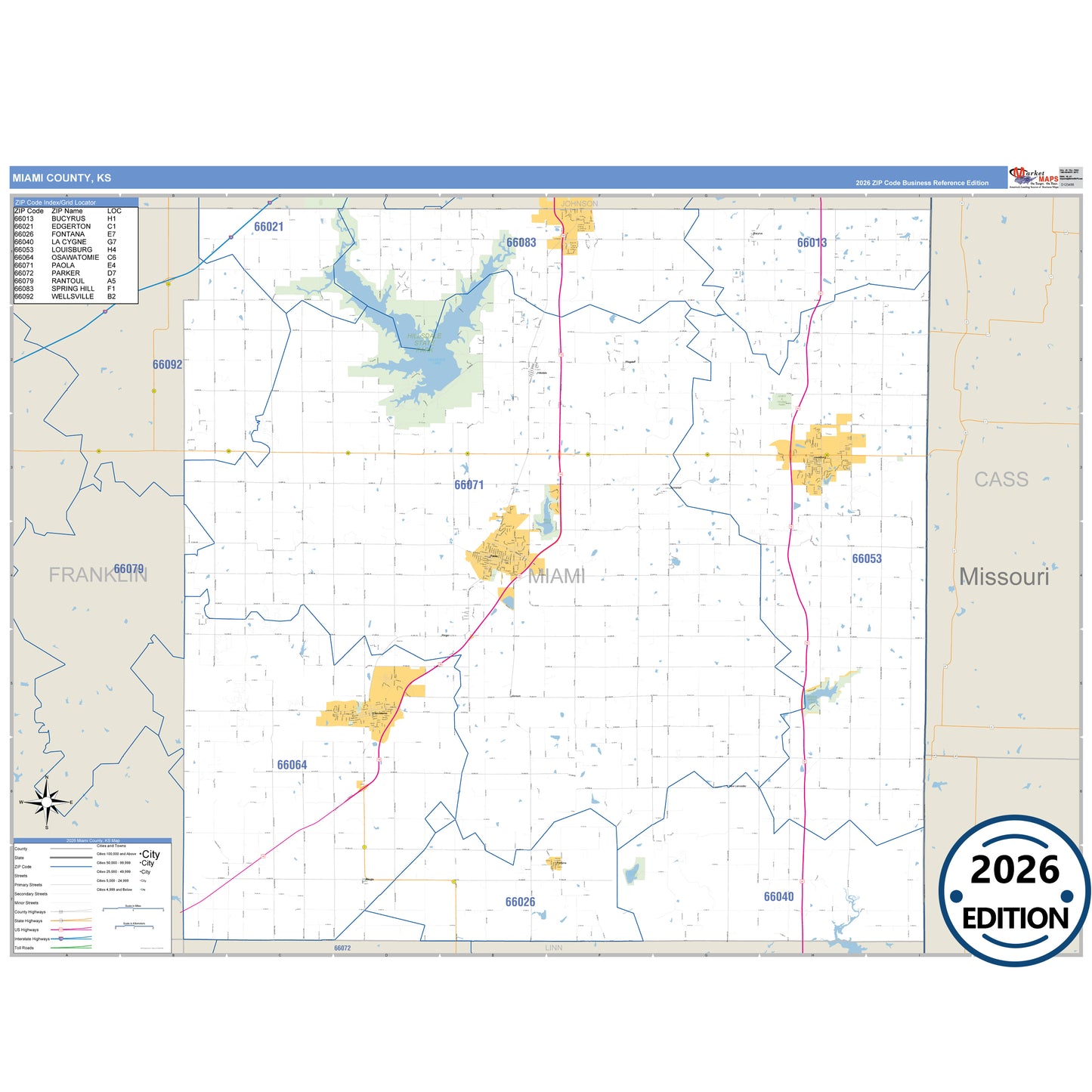 Miami County, KS Business Reference 5 Digit ZIP Code Wall Map