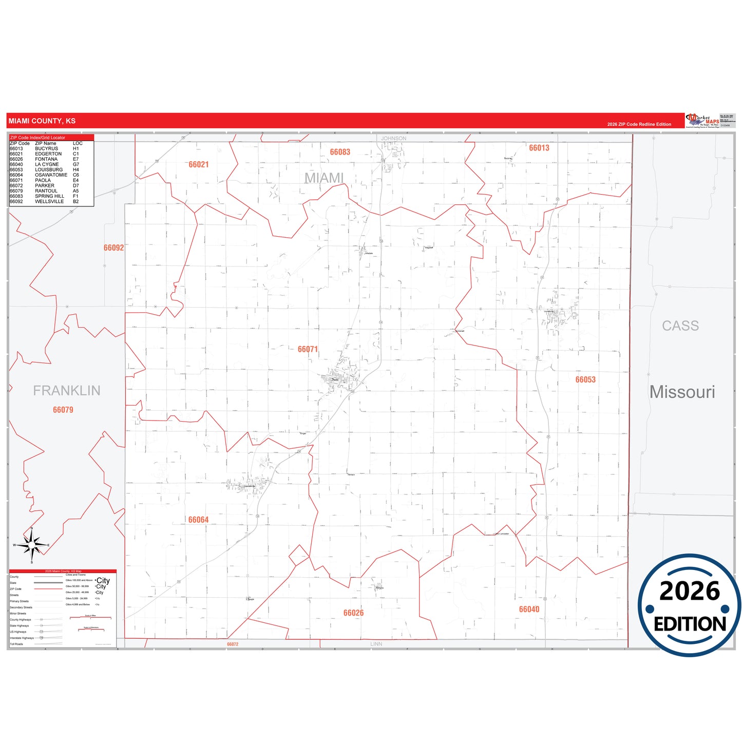 Miami County, KS Red Line 5 Digit ZIP Code Wall Map