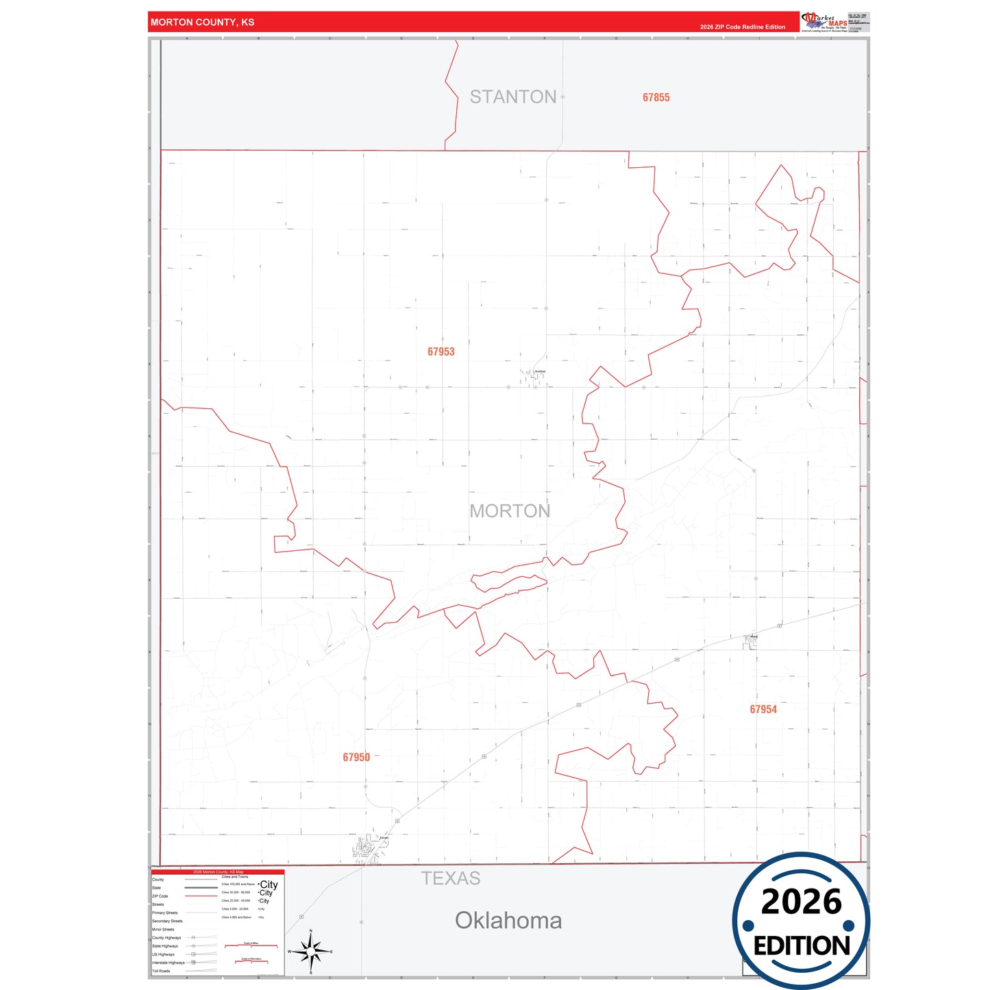 Morton County, KS Red Line 5 Digit ZIP Code Wall Map