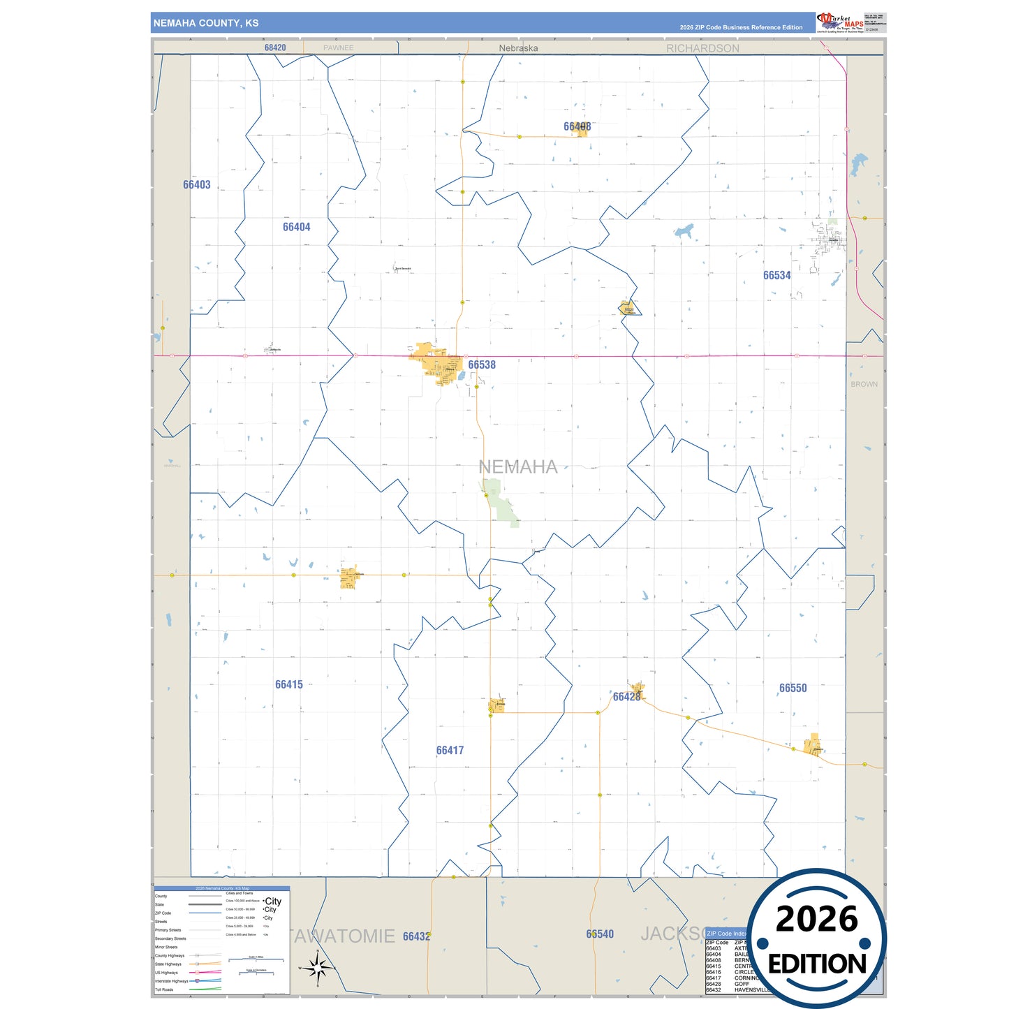 Nemaha County, KS Business Reference 5 Digit ZIP Code Wall Map