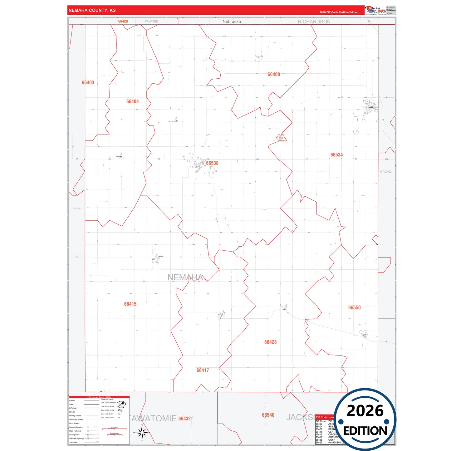 Nemaha County, KS Red Line 5 Digit ZIP Code Wall Map