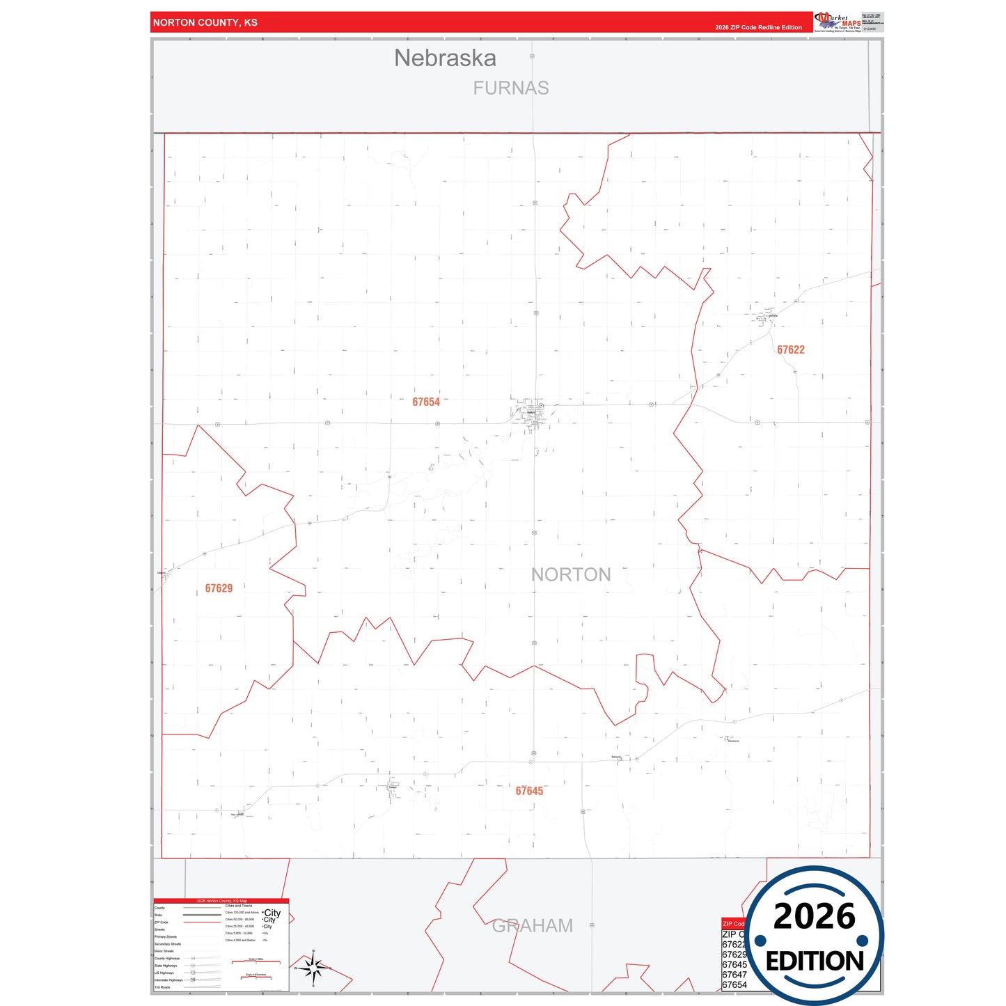 Norton County, KS Red Line 5 Digit ZIP Code Wall Map