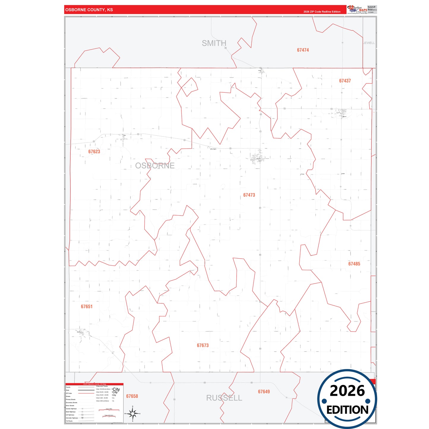Osborne County, KS Red Line 5 Digit ZIP Code Wall Map