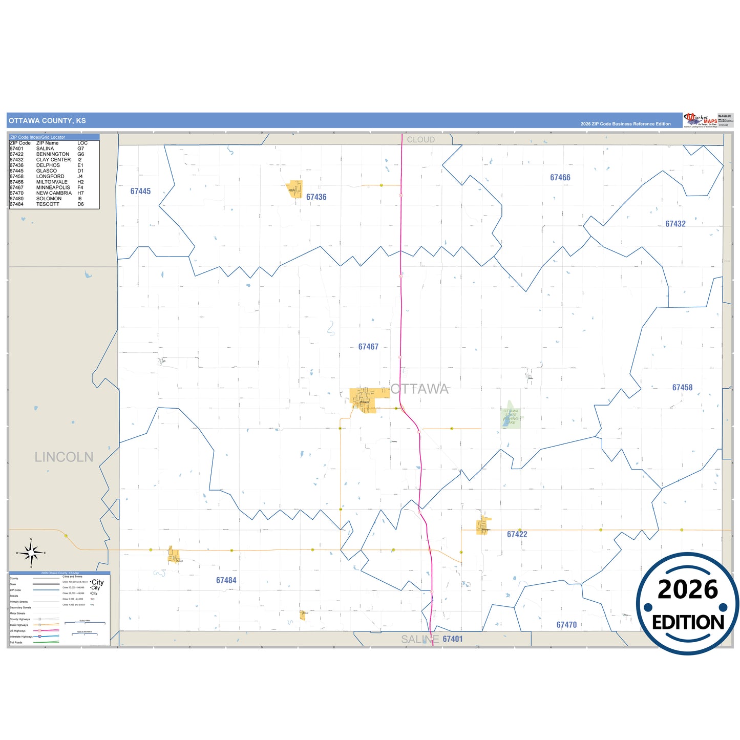 Ottawa County, KS Business Reference 5 Digit ZIP Code Wall Map