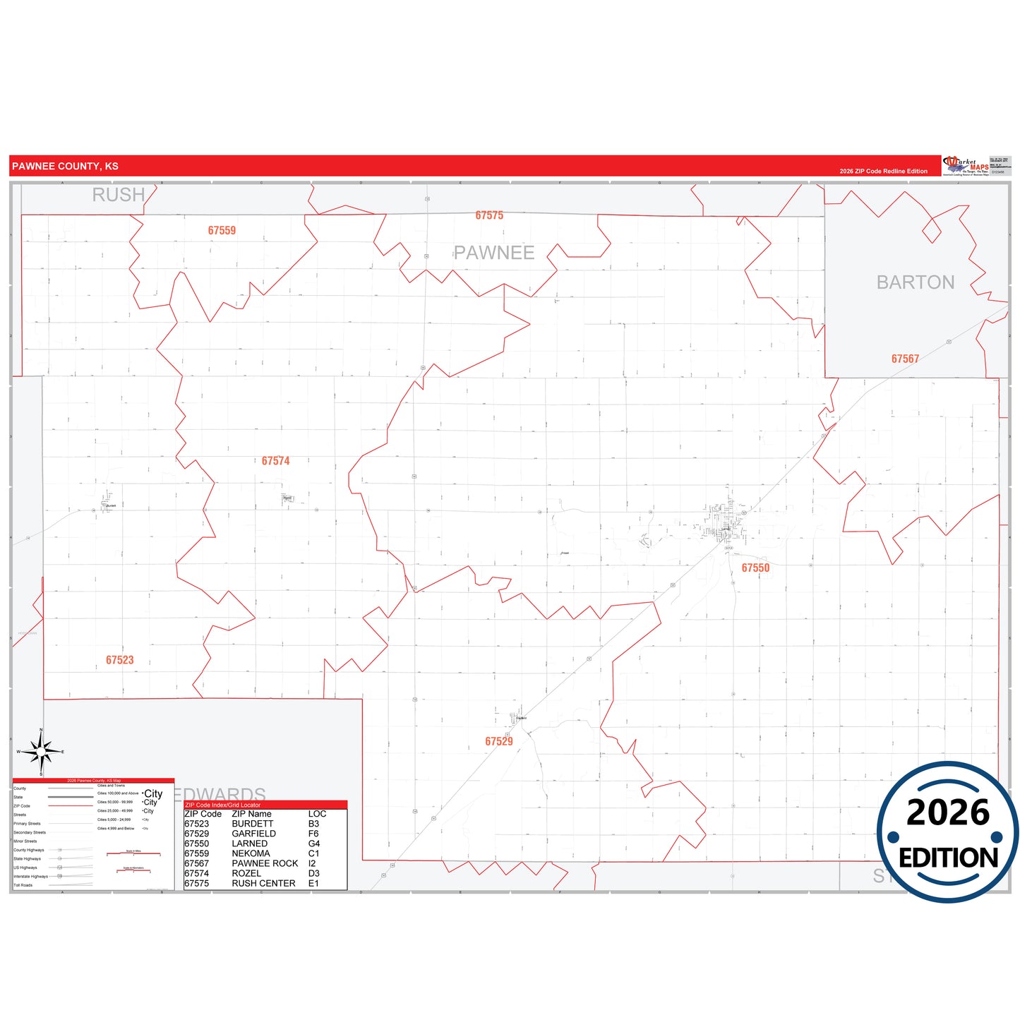 Pawnee County, KS Red Line 5 Digit ZIP Code Wall Map