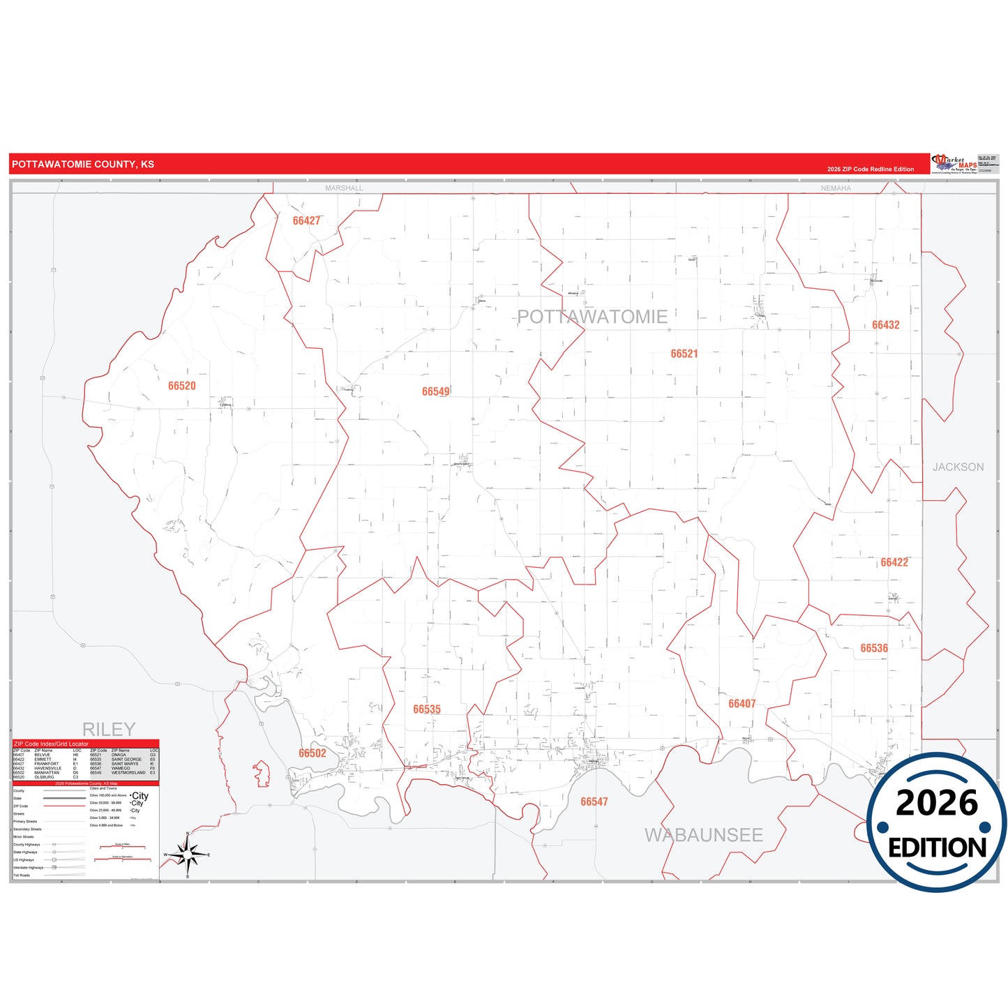 Pottawatomie County, KS Red Line 5 Digit ZIP Code Wall Map