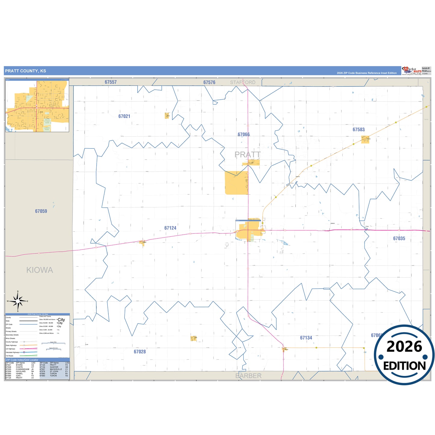 Pratt County, KS Business Reference 5 Digit ZIP Code Wall Map