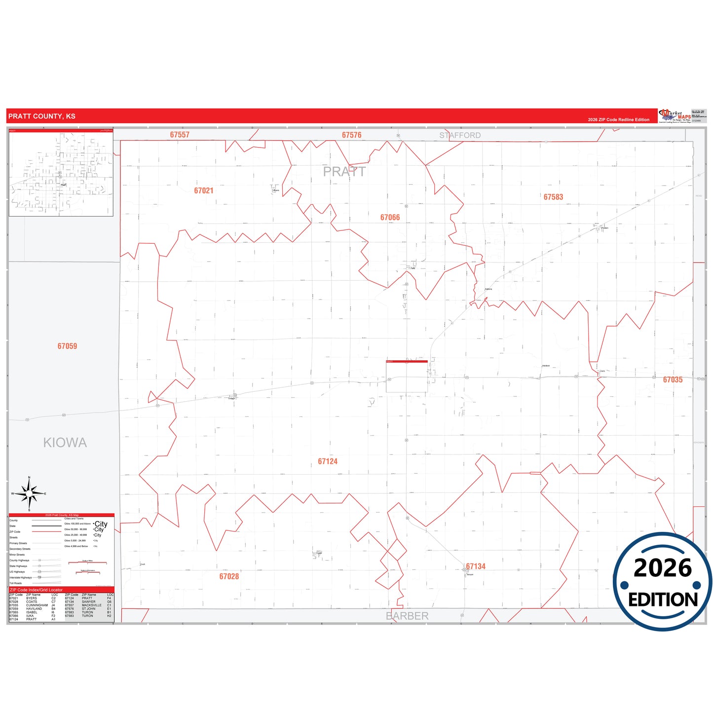 Pratt County, KS Red Line 5 Digit ZIP Code Wall Map