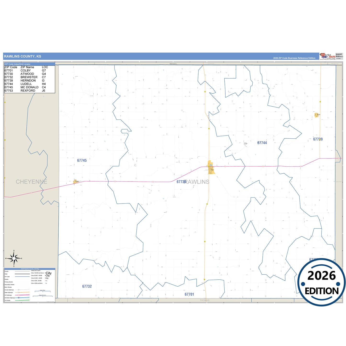 Rawlins County, KS Business Reference 5 Digit ZIP Code Wall Map