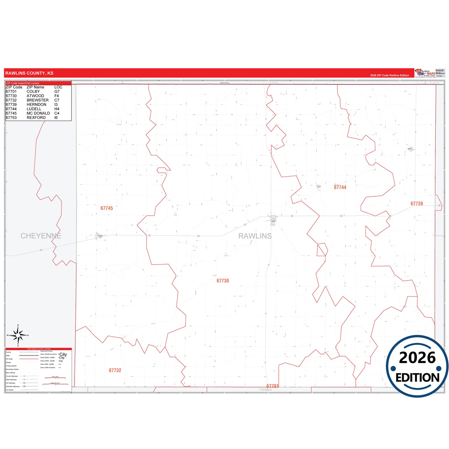 Rawlins County, KS Red Line 5 Digit ZIP Code Wall Map