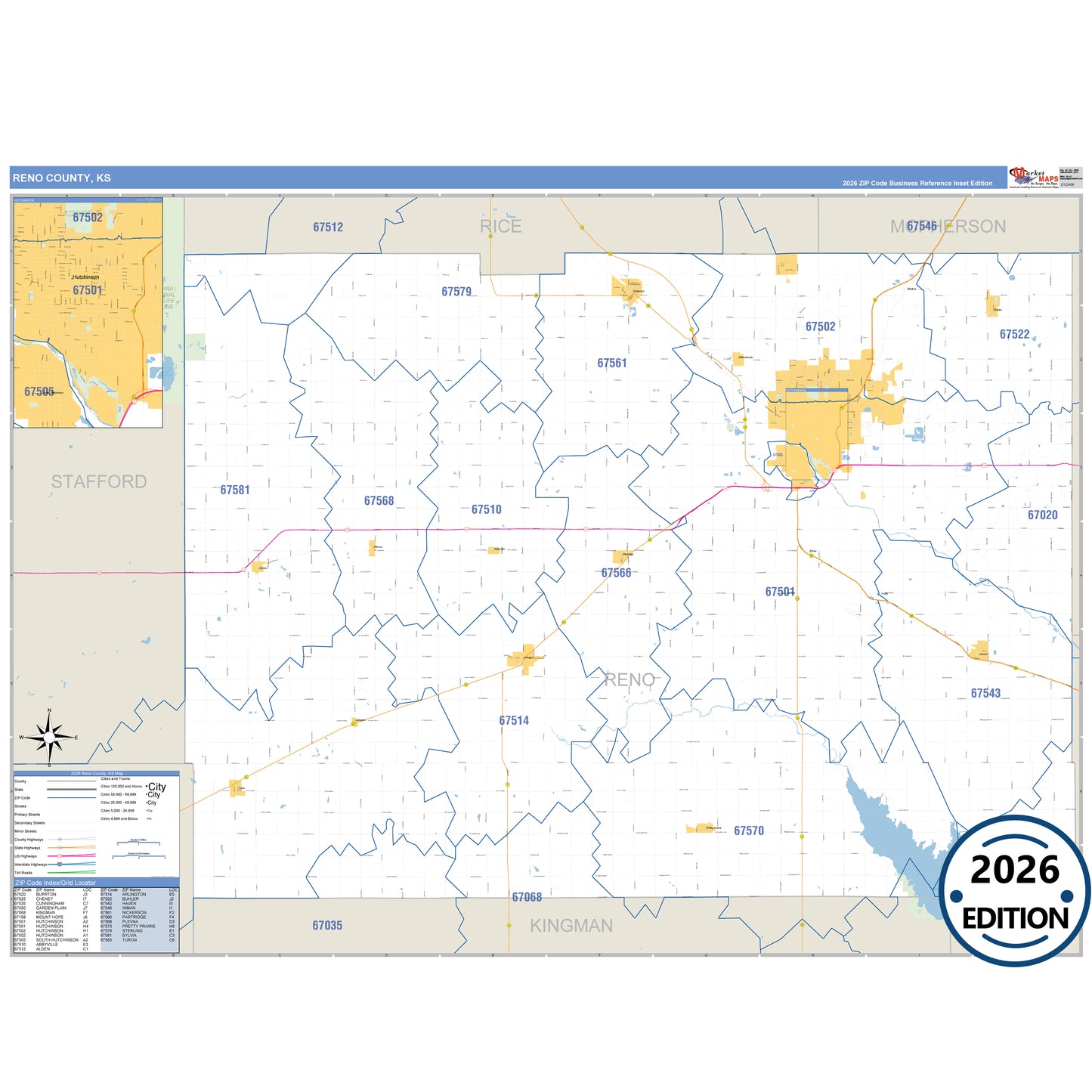 Reno County, KS Business Reference 5 Digit ZIP Code Wall Map