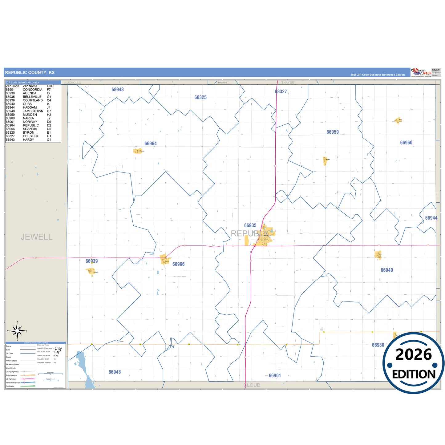 Republic County, KS Business Reference 5 Digit ZIP Code Wall Map