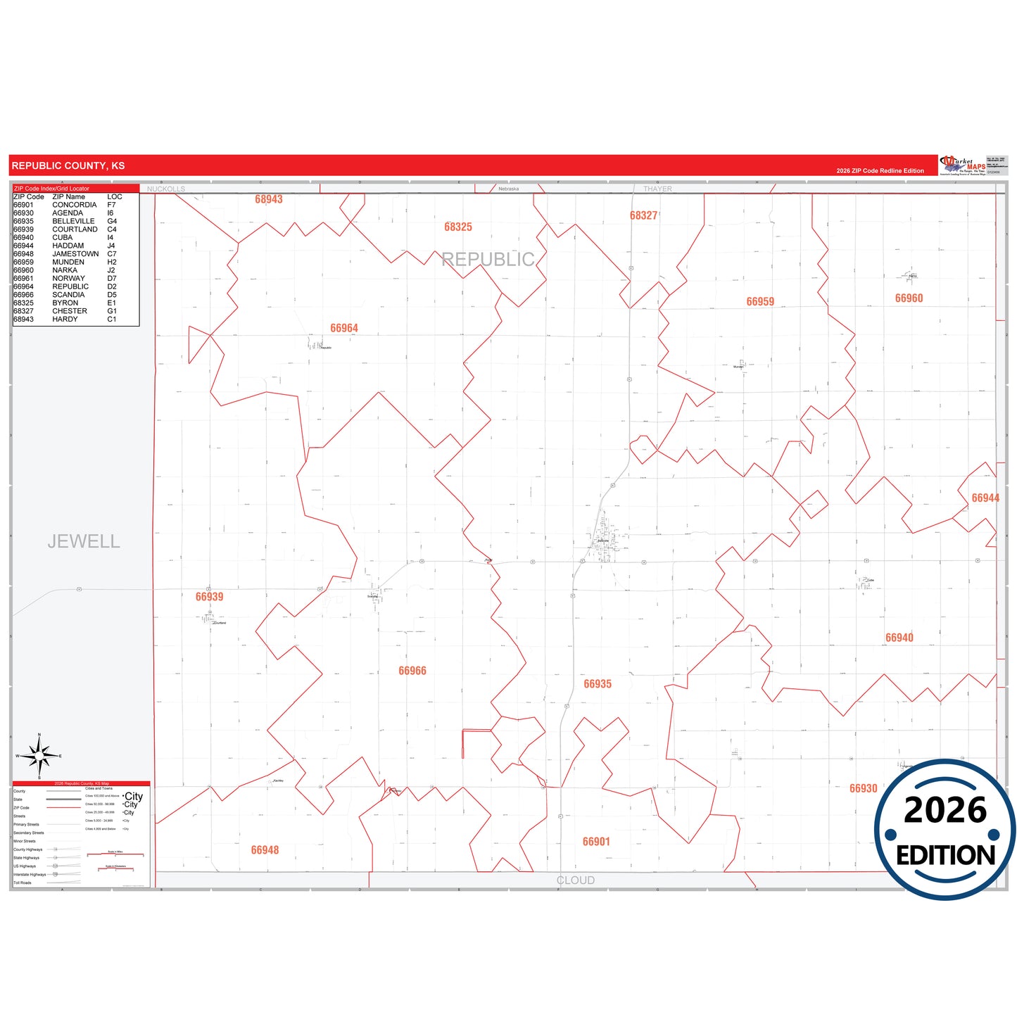 Republic County, KS Red Line 5 Digit ZIP Code Wall Map