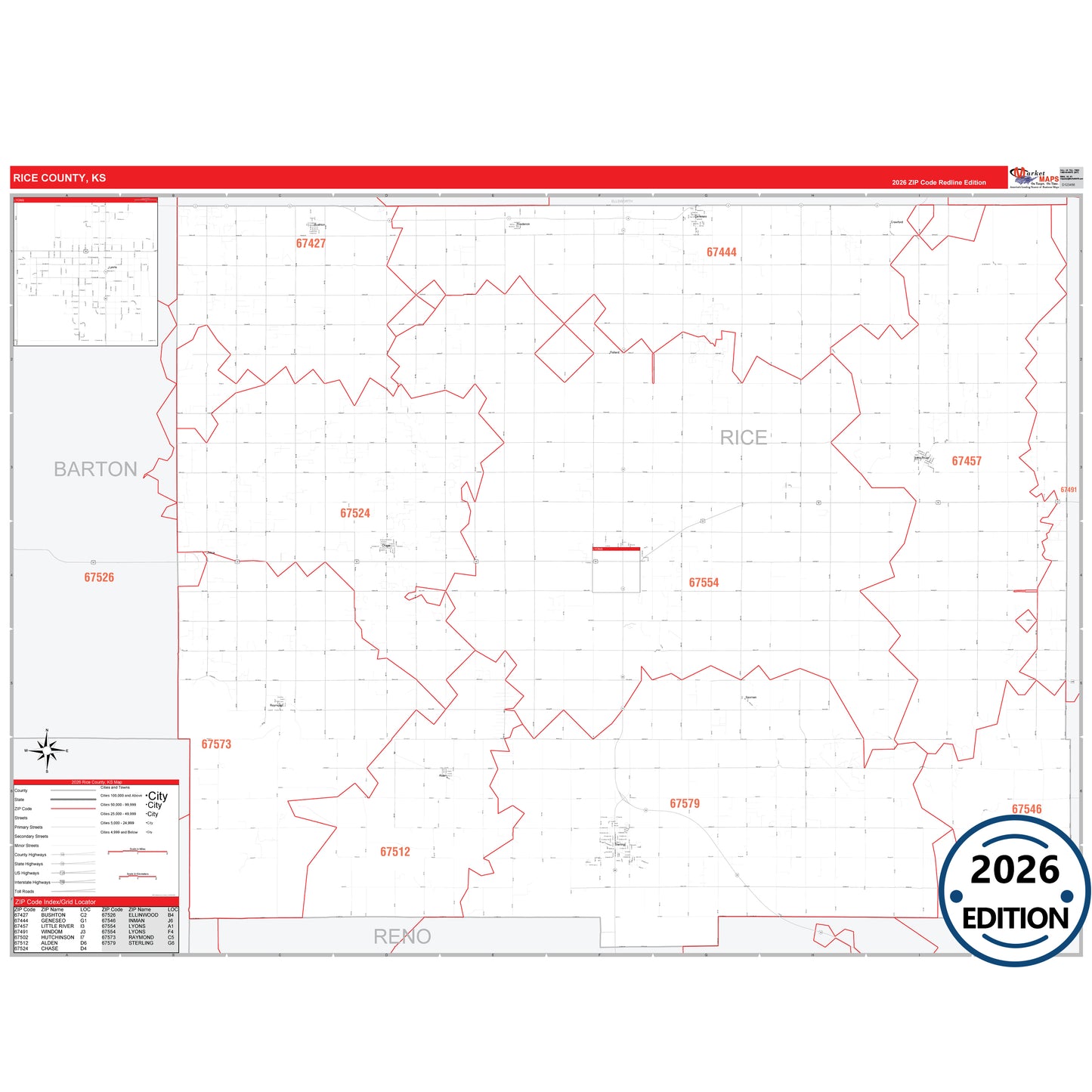 Rice County, KS Red Line 5 Digit ZIP Code Wall Map