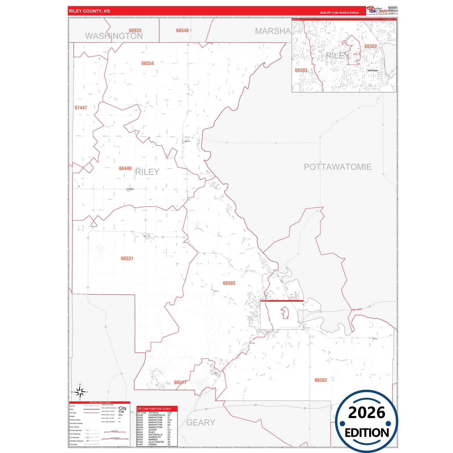 Riley County, KS Red Line 5 Digit ZIP Code Wall Map