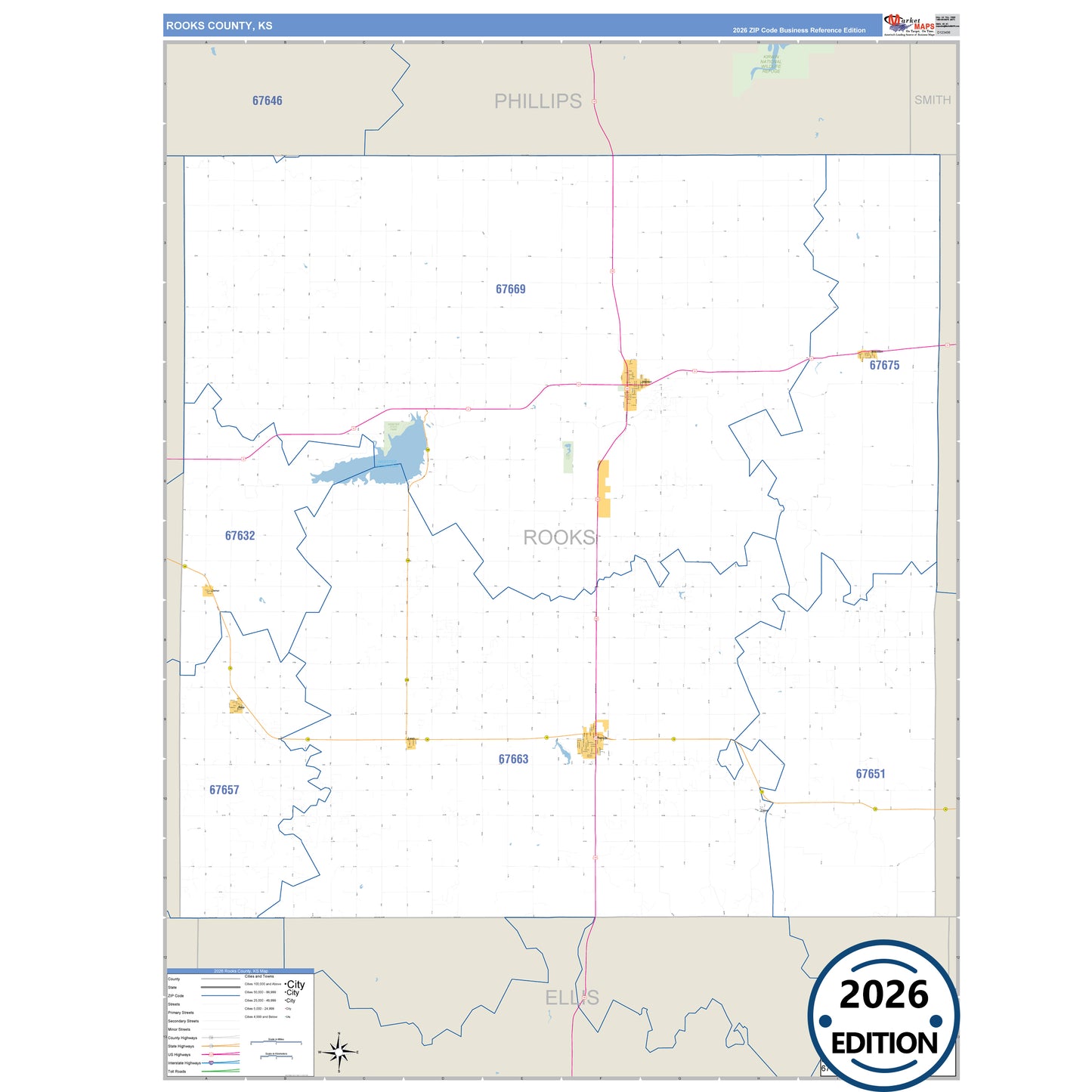 Rooks County, KS Business Reference 5 Digit ZIP Code Wall Map