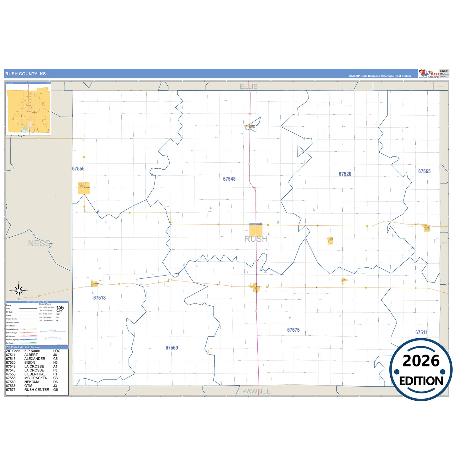 Rush County, KS Business Reference 5 Digit ZIP Code Wall Map