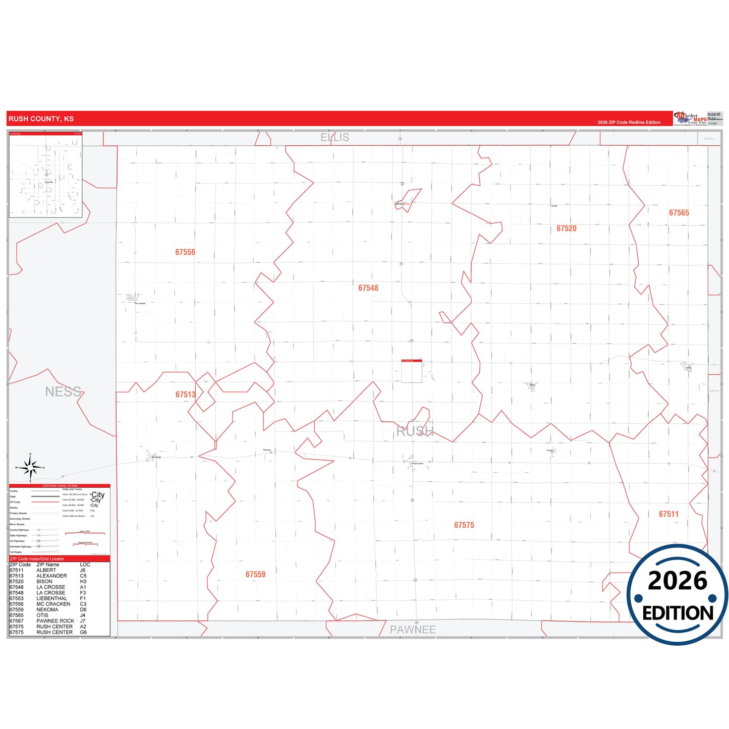 Rush County, KS Red Line 5 Digit ZIP Code Wall Map