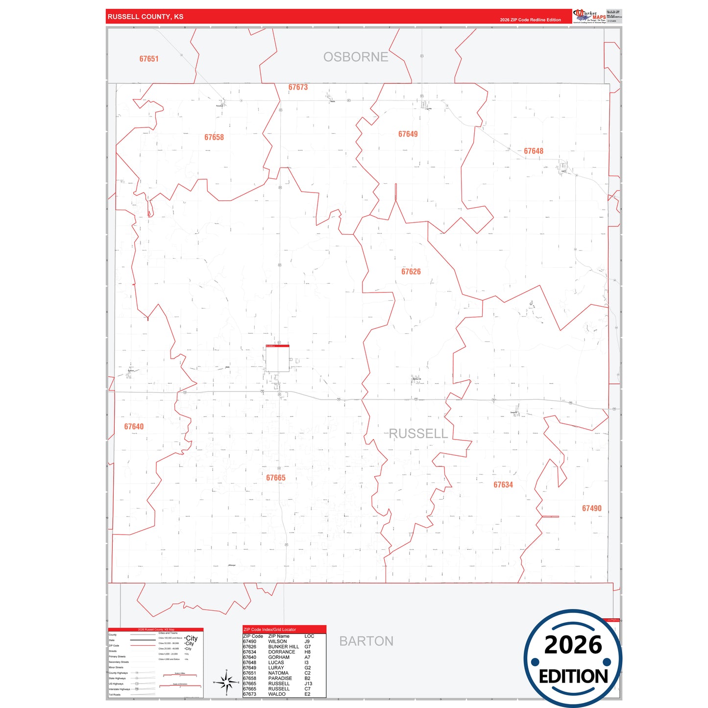Russell County, KS Red Line 5 Digit ZIP Code Wall Map