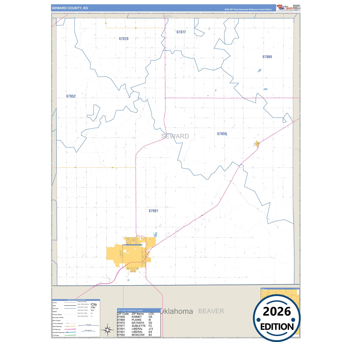 Seward County, KS Business Reference 5 Digit ZIP Code Wall Map