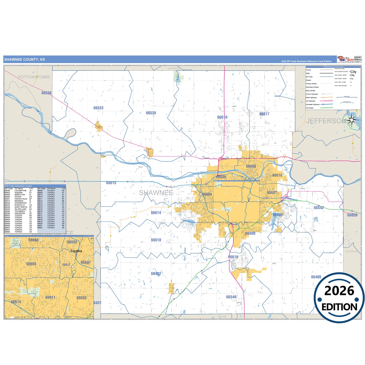 Shawnee County, KS Business Reference 5 Digit ZIP Code Wall Map