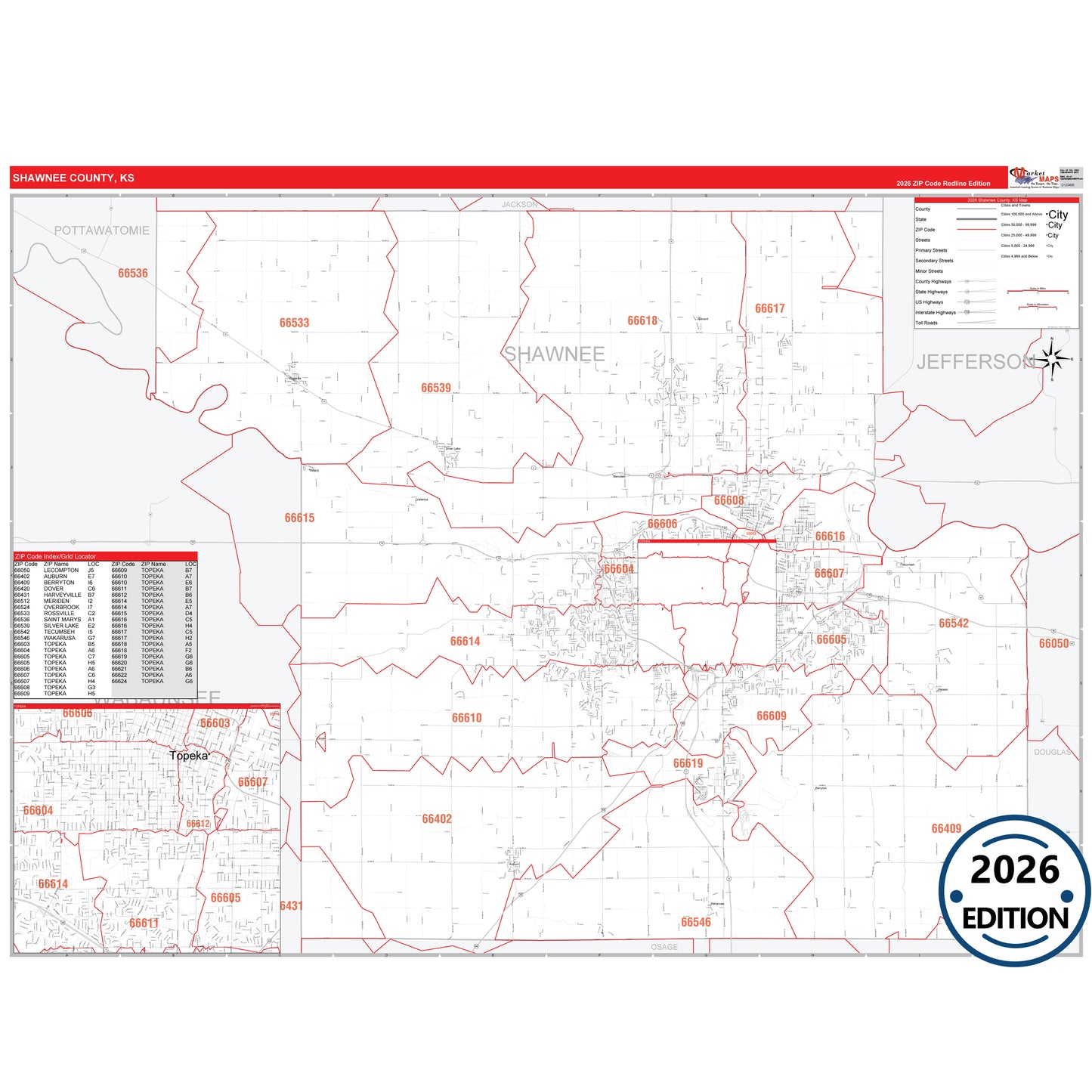 Shawnee County, KS Red Line 5 Digit ZIP Code Wall Map