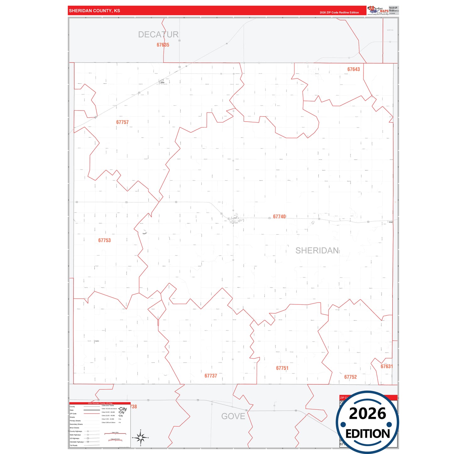Sheridan County, KS Red Line 5 Digit ZIP Code Wall Map