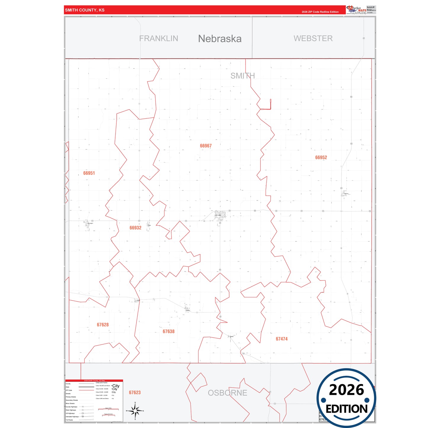 Smith County, KS Red Line 5 Digit ZIP Code Wall Map