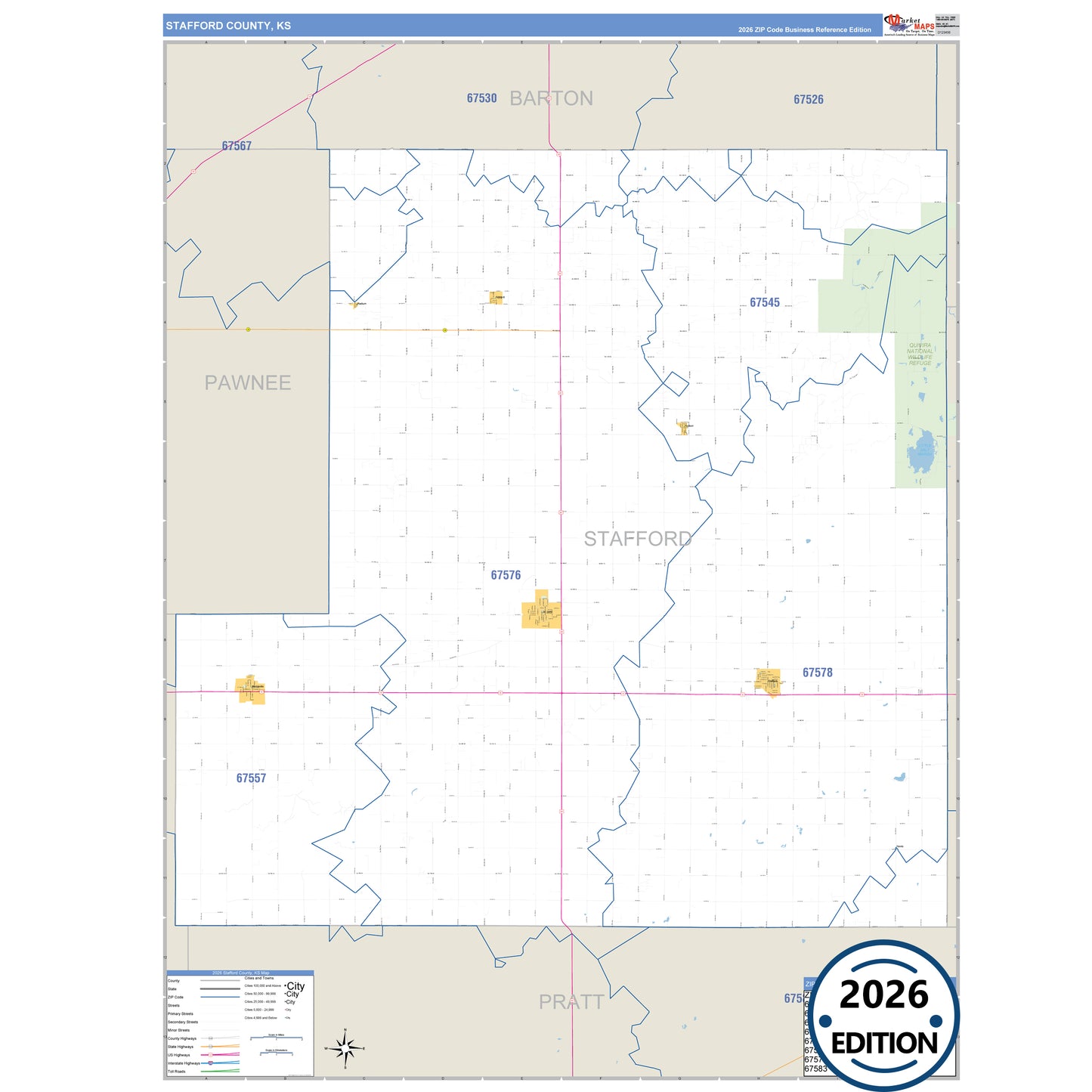 Stafford County, KS Business Reference 5 Digit ZIP Code Wall Map