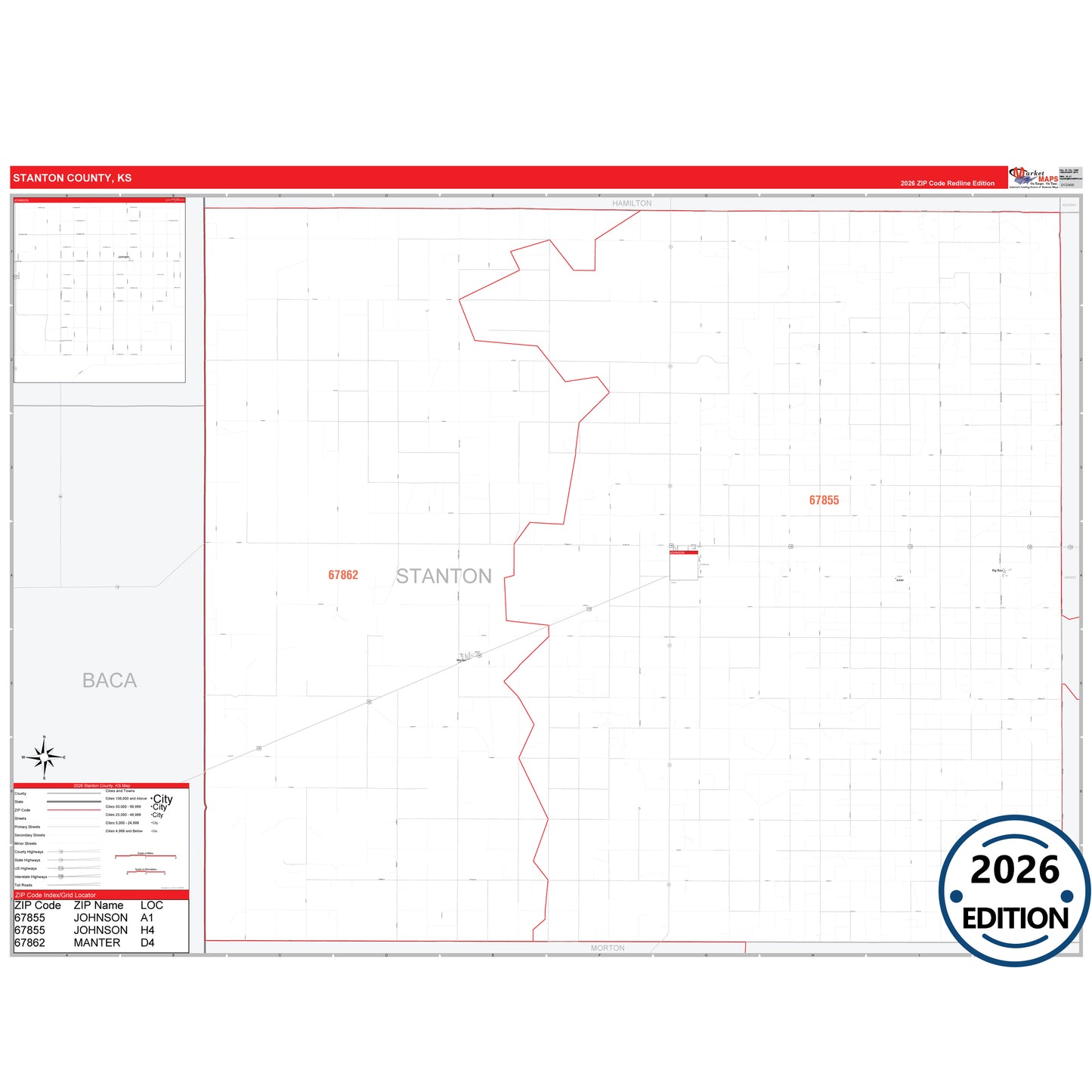 Stanton County, KS Red Line 5 Digit ZIP Code Wall Map