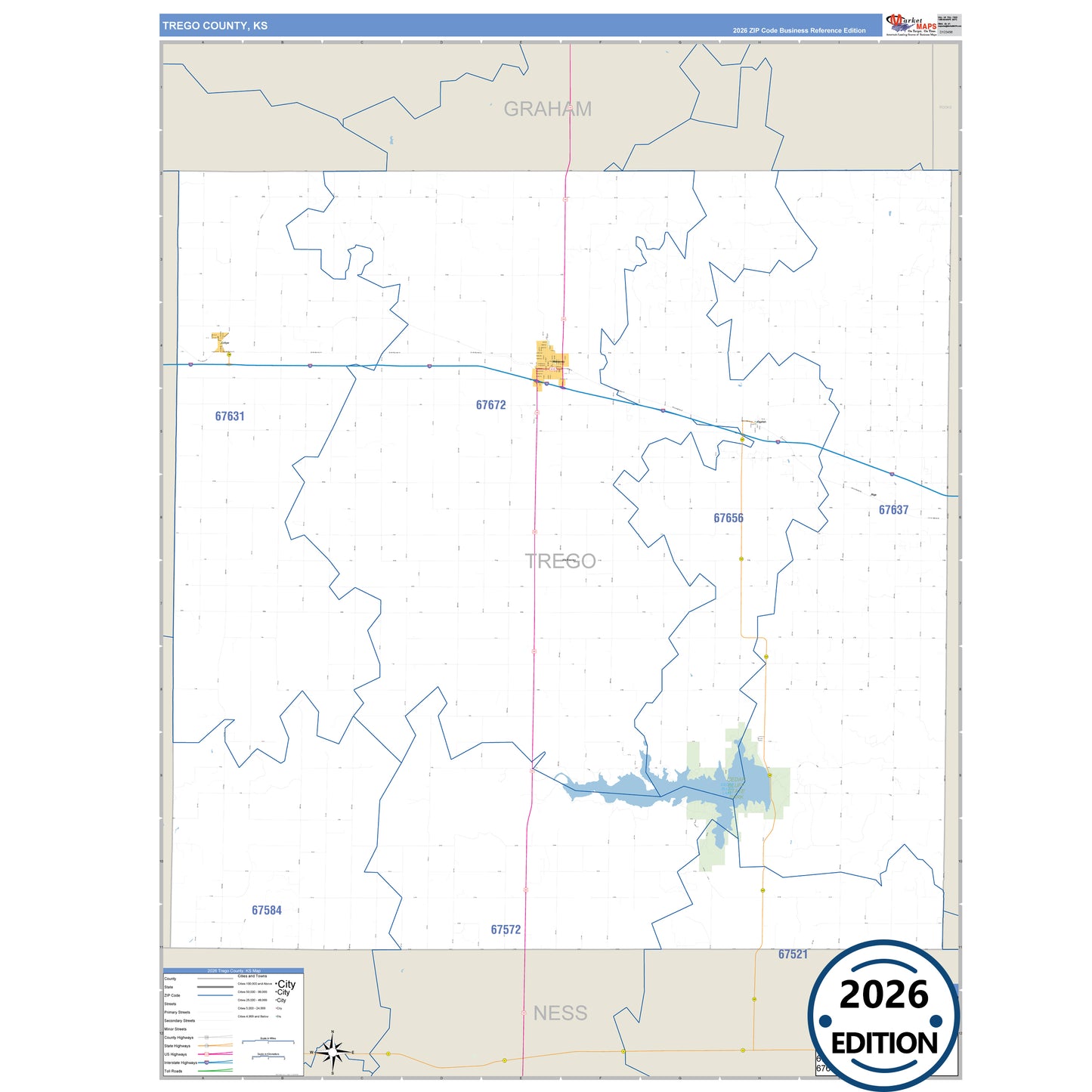 Trego County, KS Business Reference 5 Digit ZIP Code Wall Map