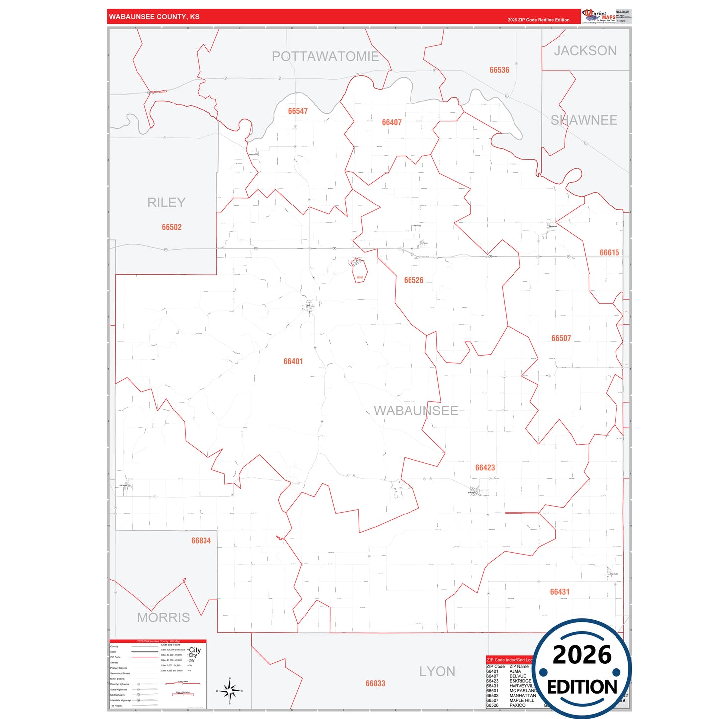 Wabaunsee County, KS Red Line 5 Digit ZIP Code Wall Map