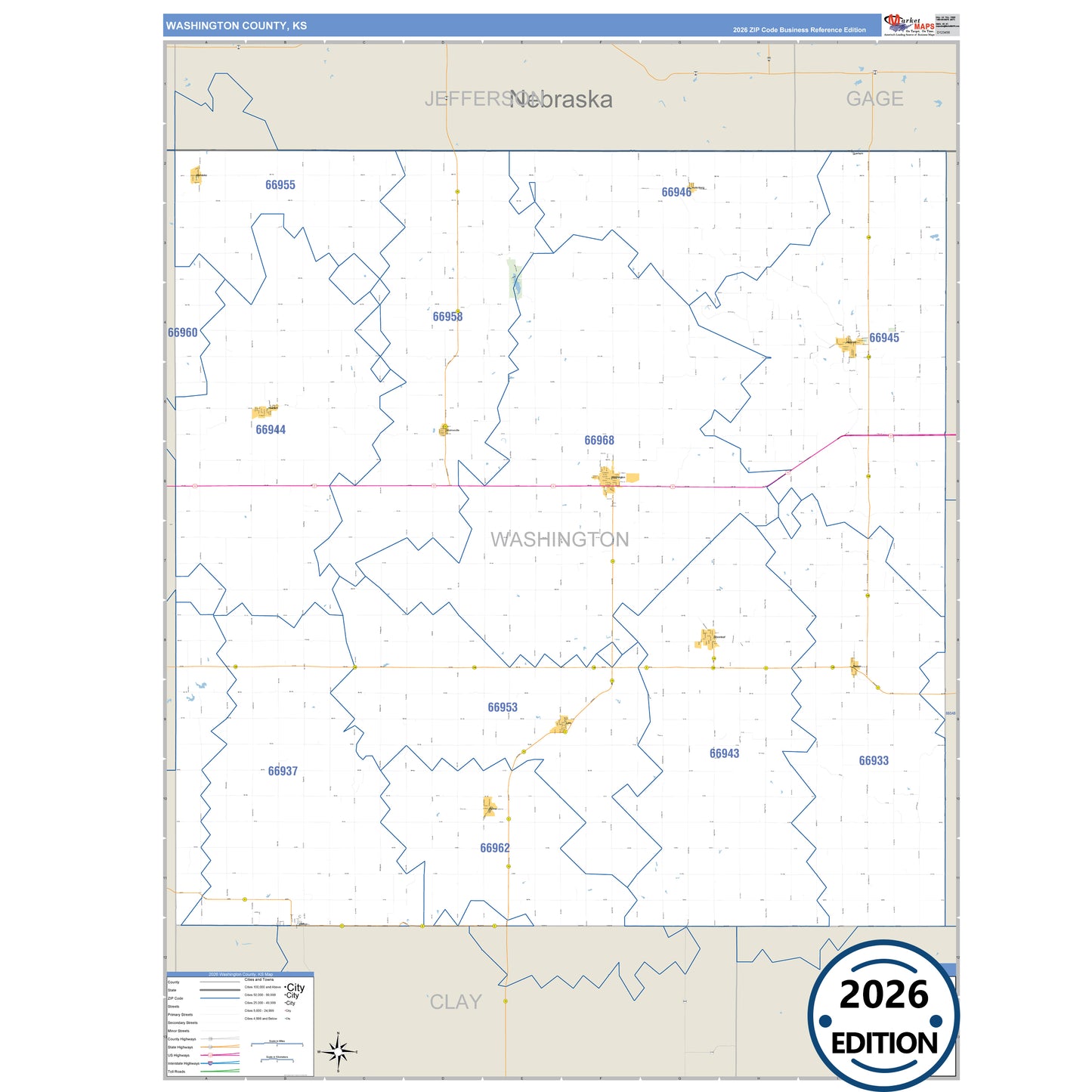 Washington County, KS Business Reference 5 Digit ZIP Code Wall Map