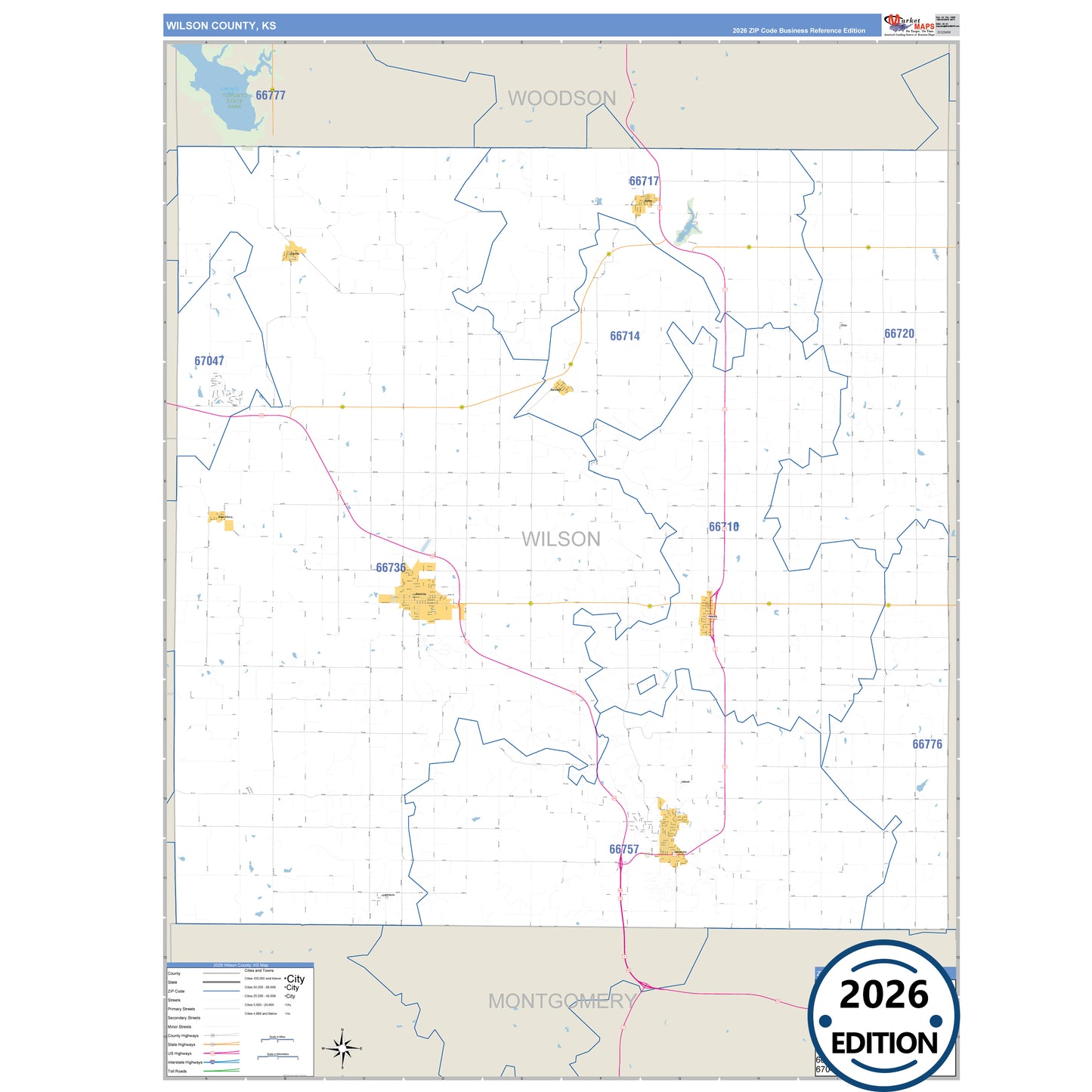 Wilson County, KS Business Reference 5 Digit ZIP Code Wall Map
