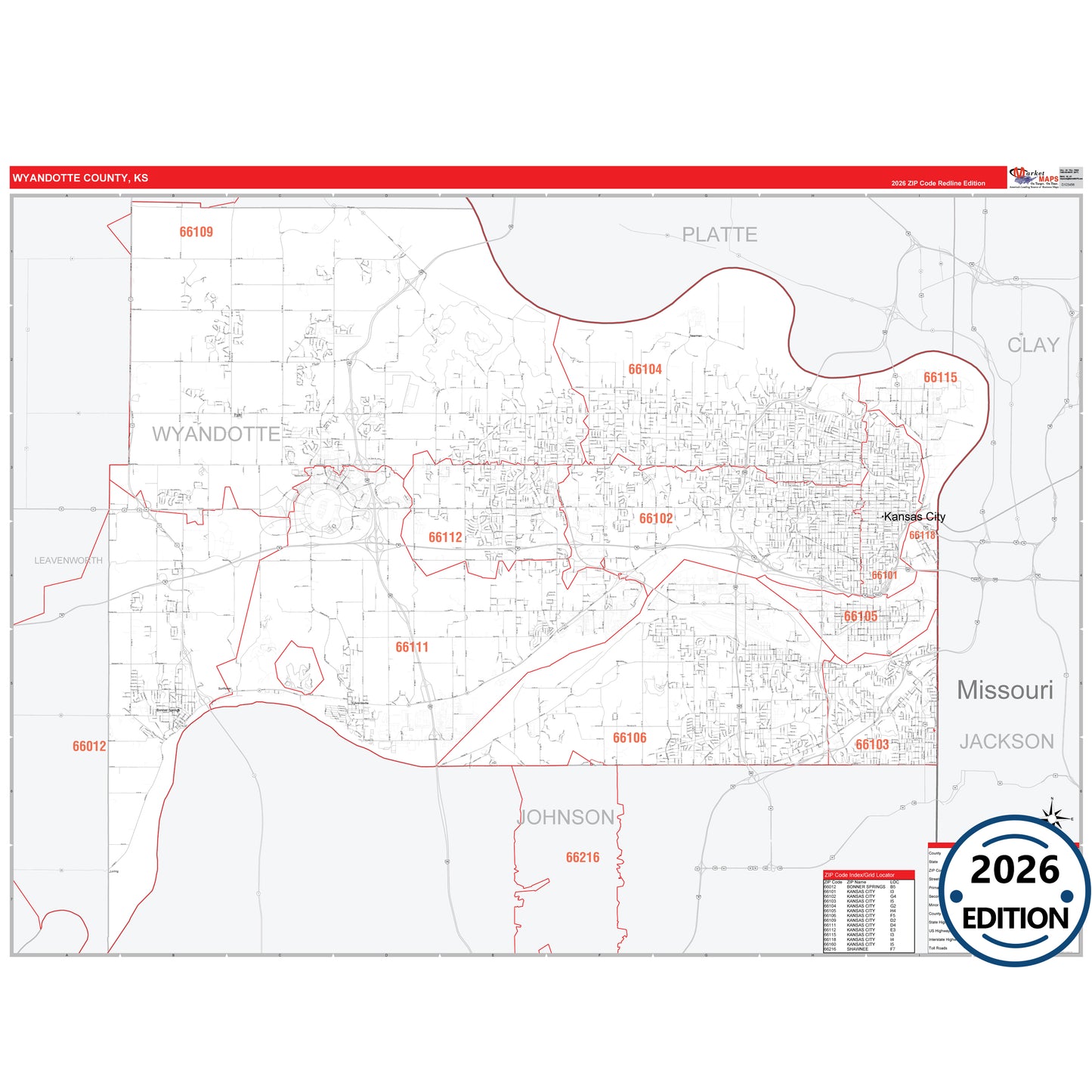 Wyandotte County, KS Red Line 5 Digit ZIP Code Wall Map
