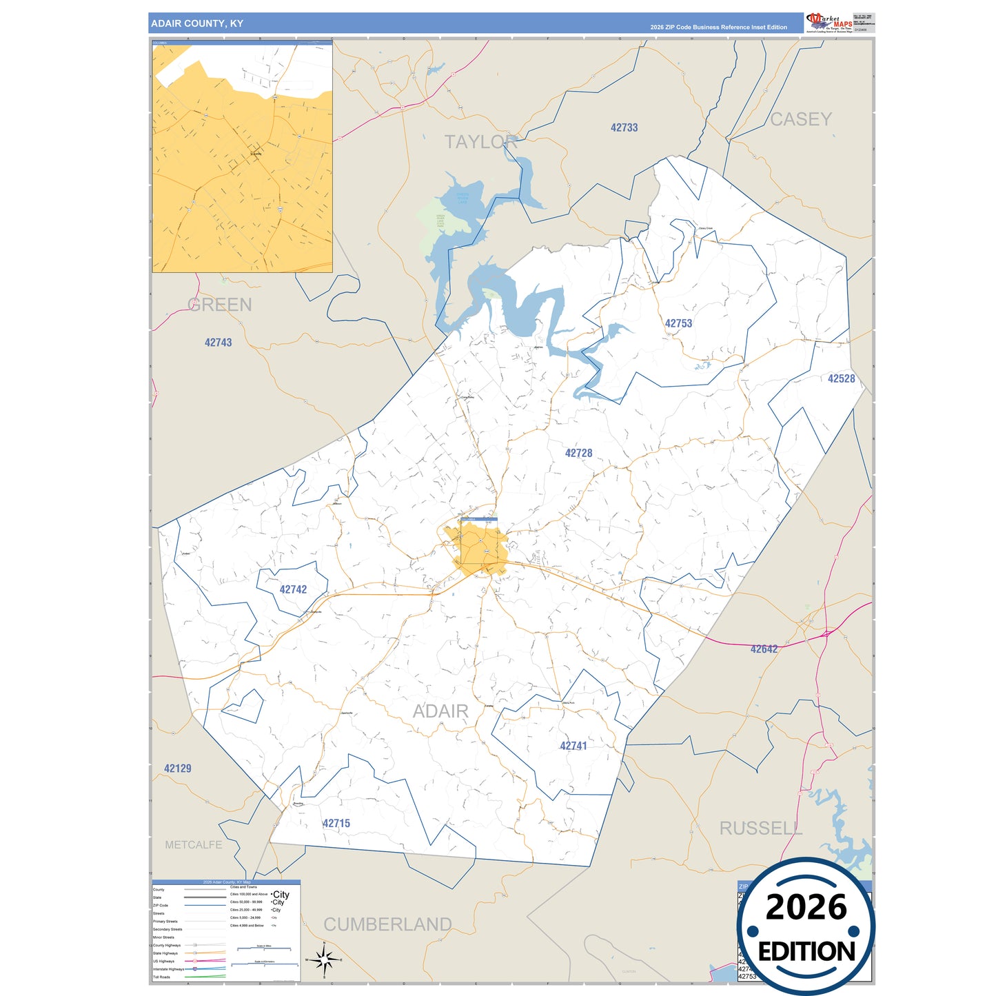 Adair County, KY Business Reference 5 Digit ZIP Code Wall Map