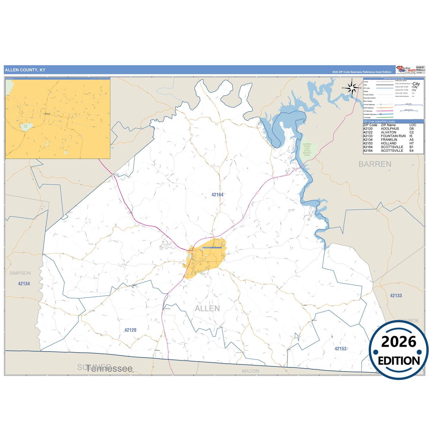 Allen County, KY Business Reference 5 Digit ZIP Code Wall Map