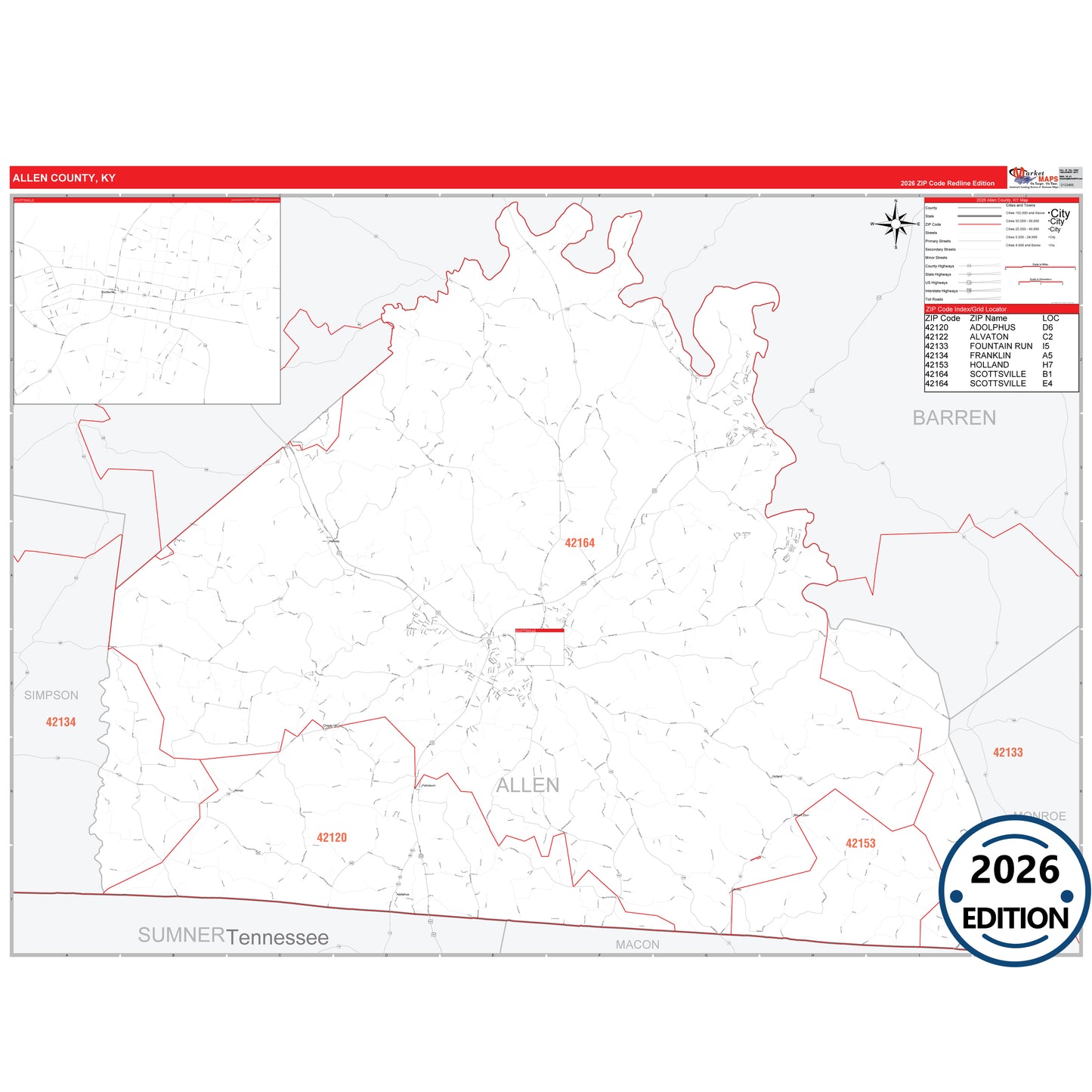 Allen County, KY Red Line 5 Digit ZIP Code Wall Map
