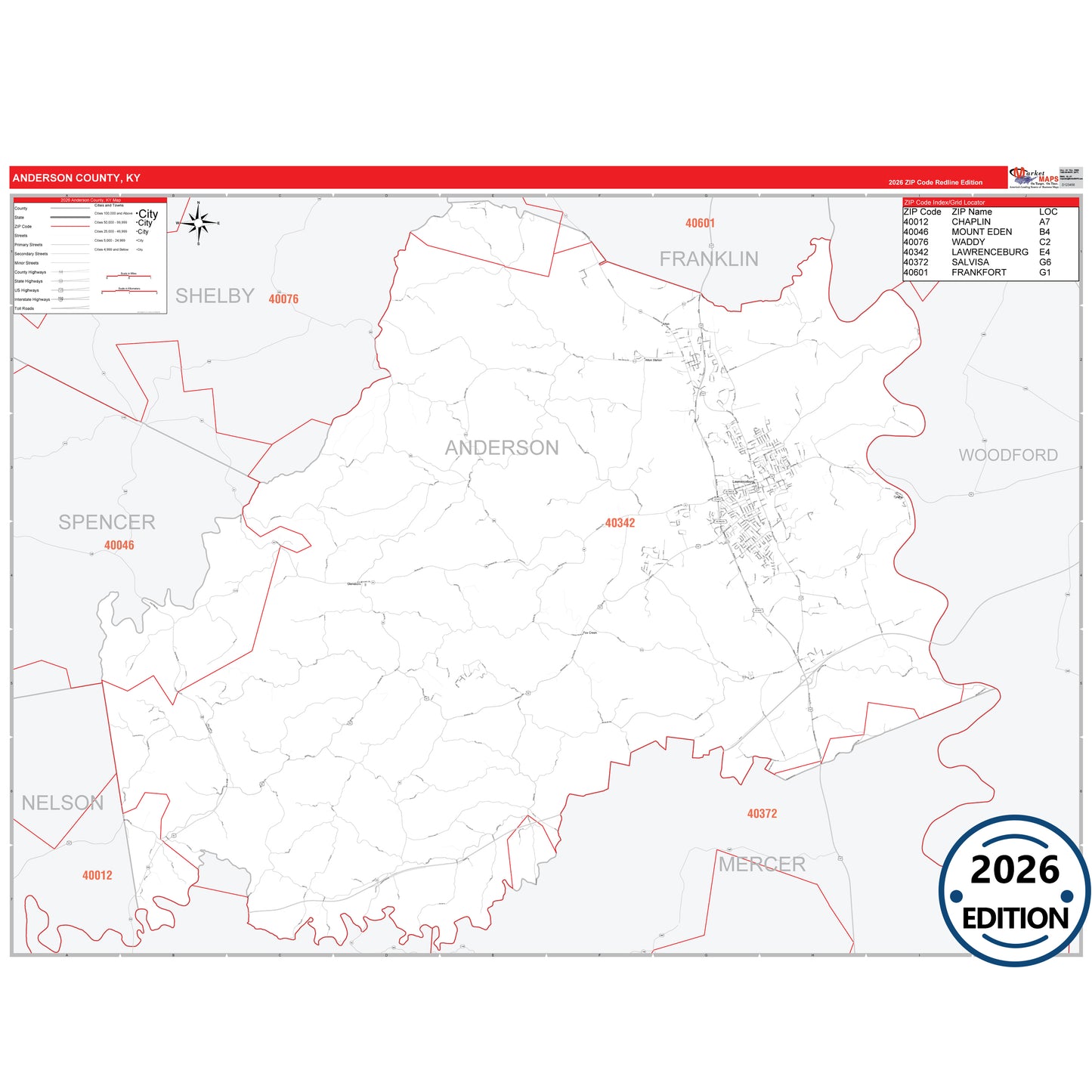 Anderson County, KY Red Line 5 Digit ZIP Code Wall Map