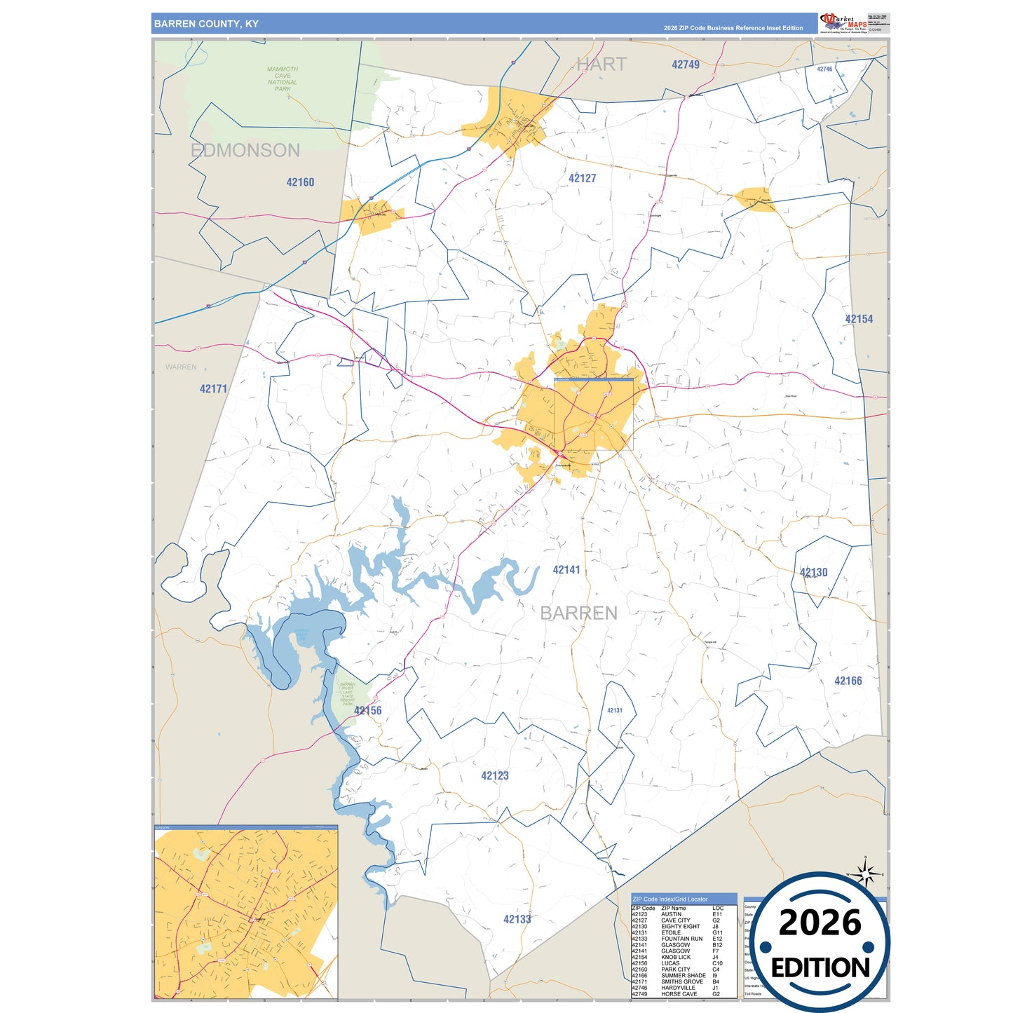 Barren County, KY Business Reference 5 Digit ZIP Code Wall Map