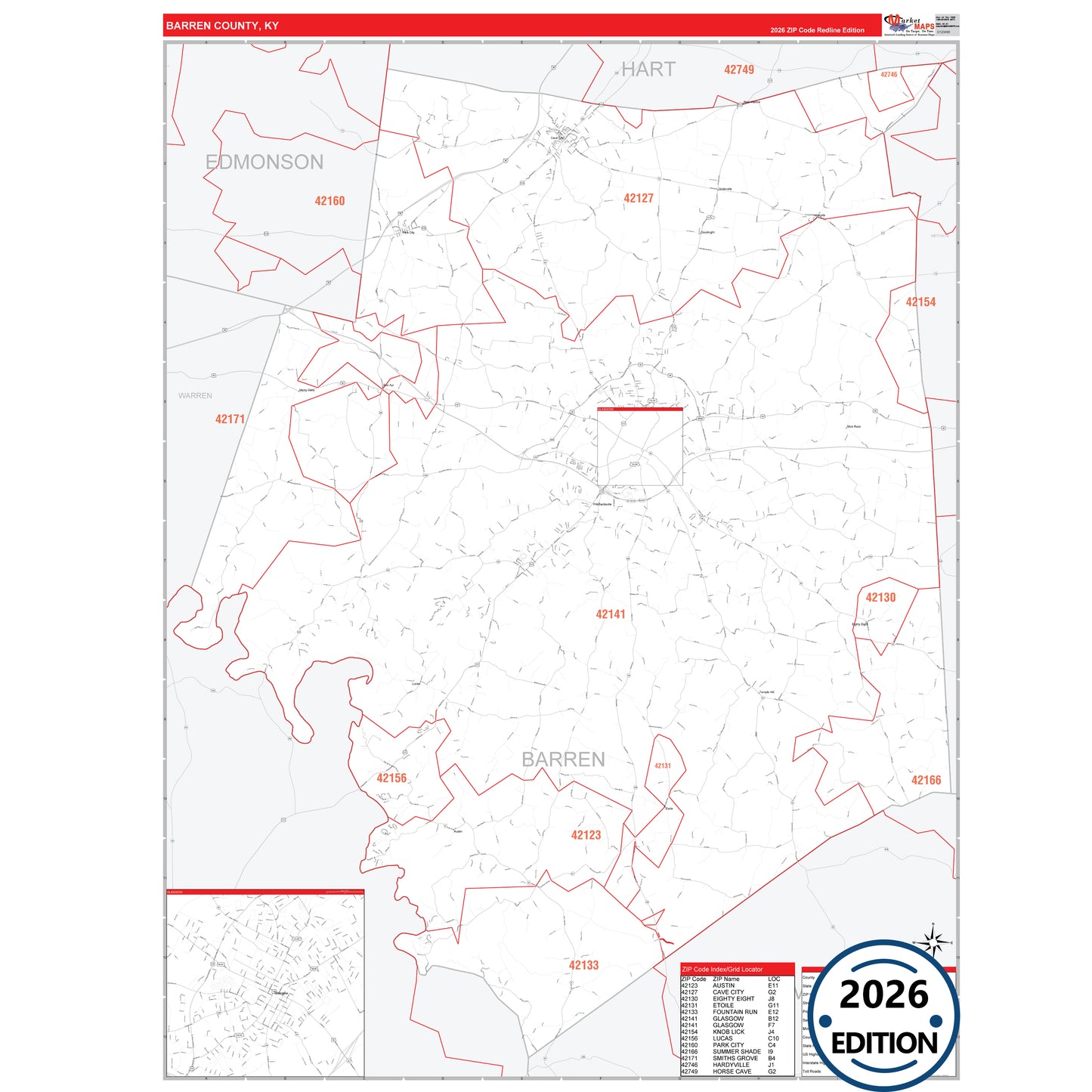 Barren County, KY Red Line 5 Digit ZIP Code Wall Map